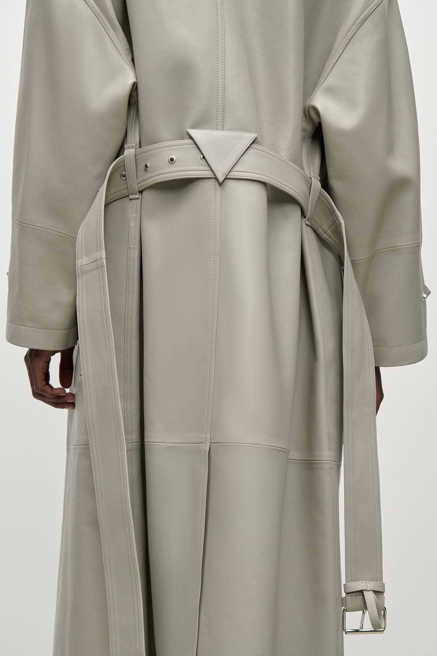 Panelled Leather Coat In Light Grey