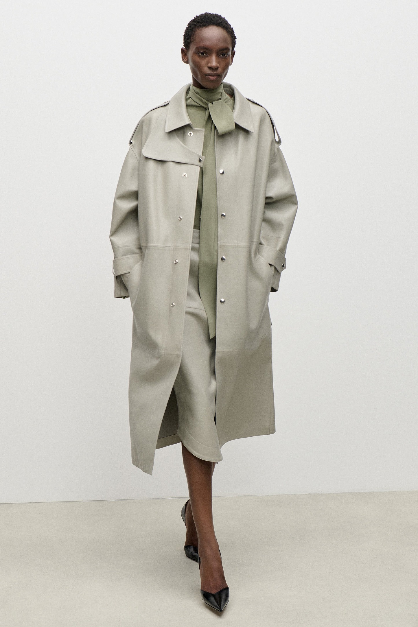Panelled Leather Coat In Light Grey
