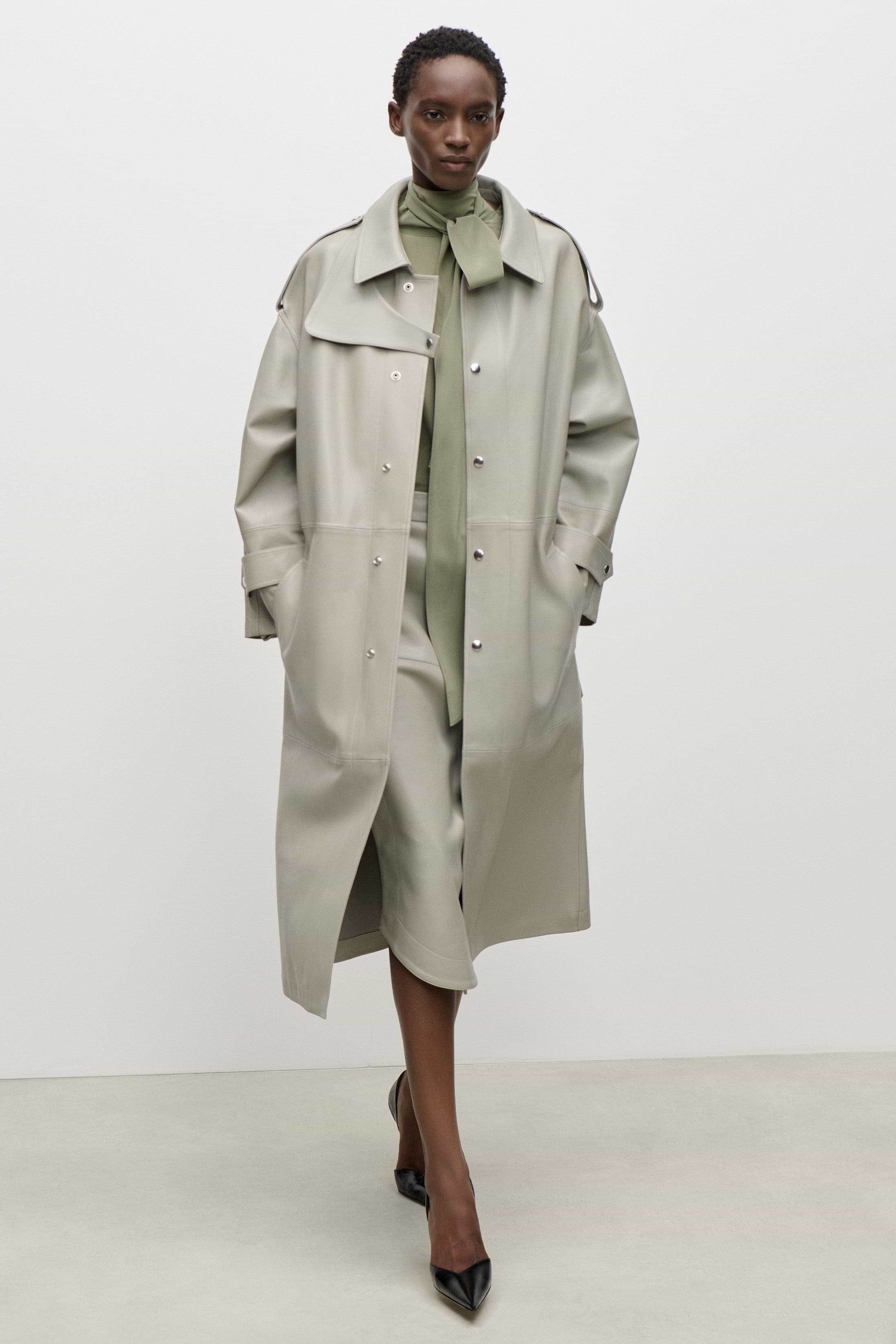 Panelled Leather Coat In Light Grey