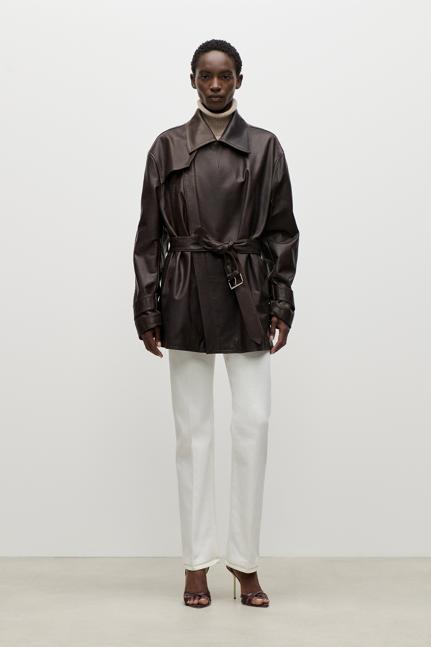 Belted Leather Jacket In Brown