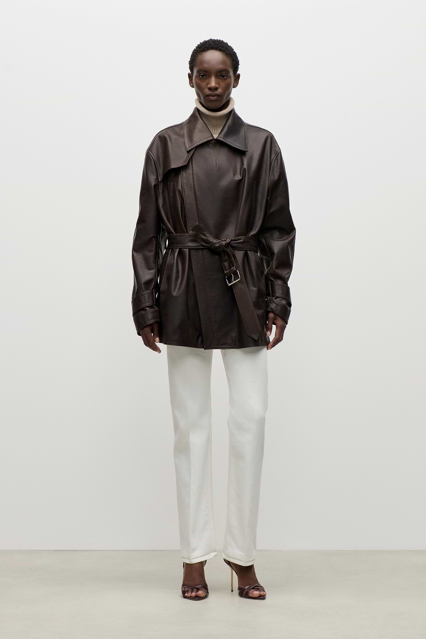 Belted Leather Jacket In Brown