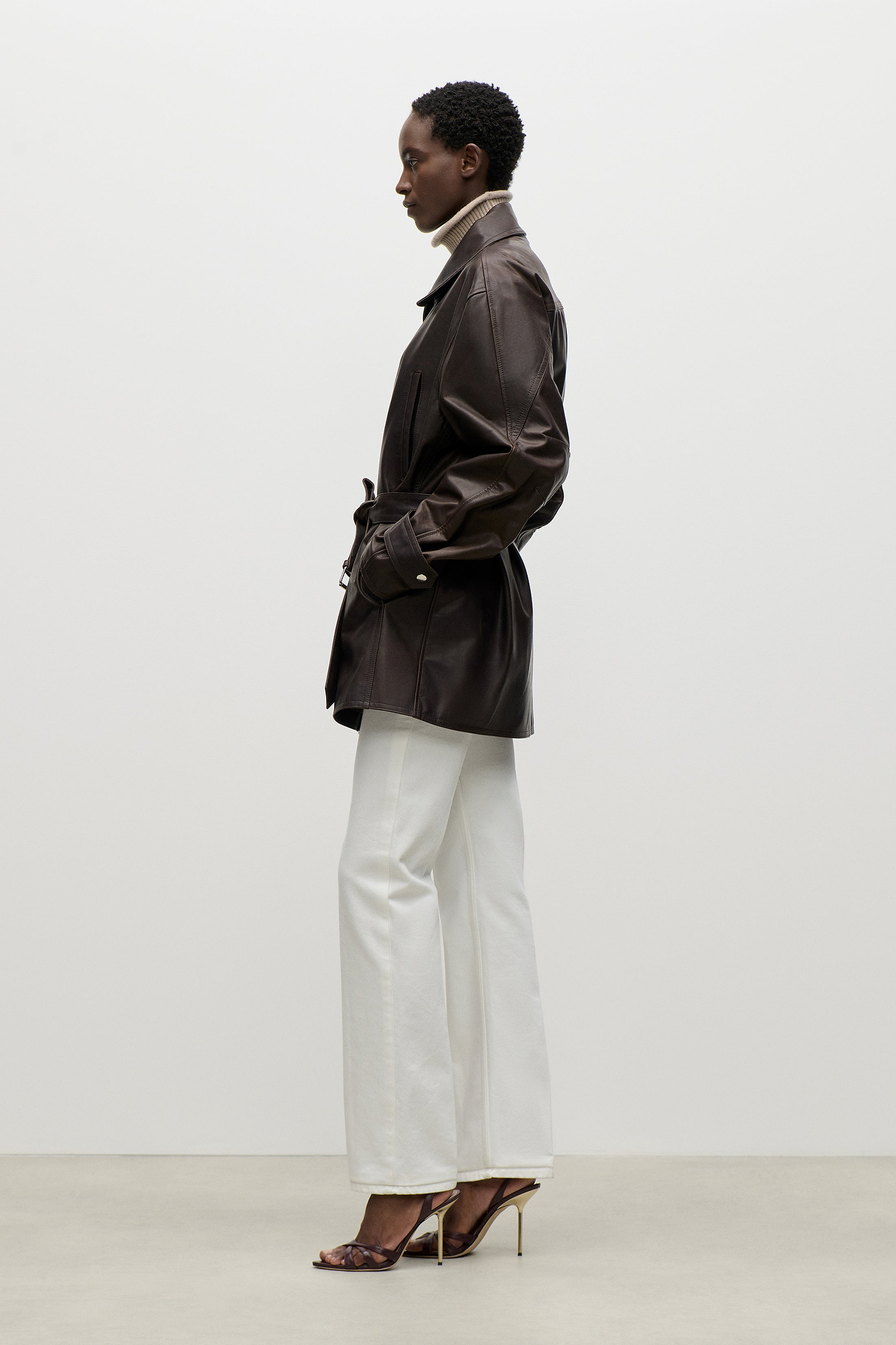 Belted Leather Jacket In Brown