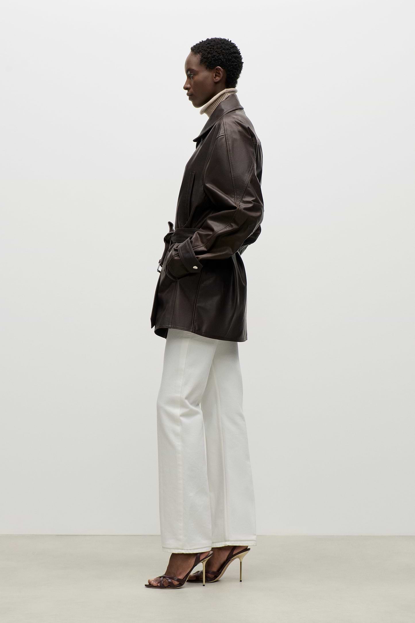 Belted Leather Jacket In Brown
