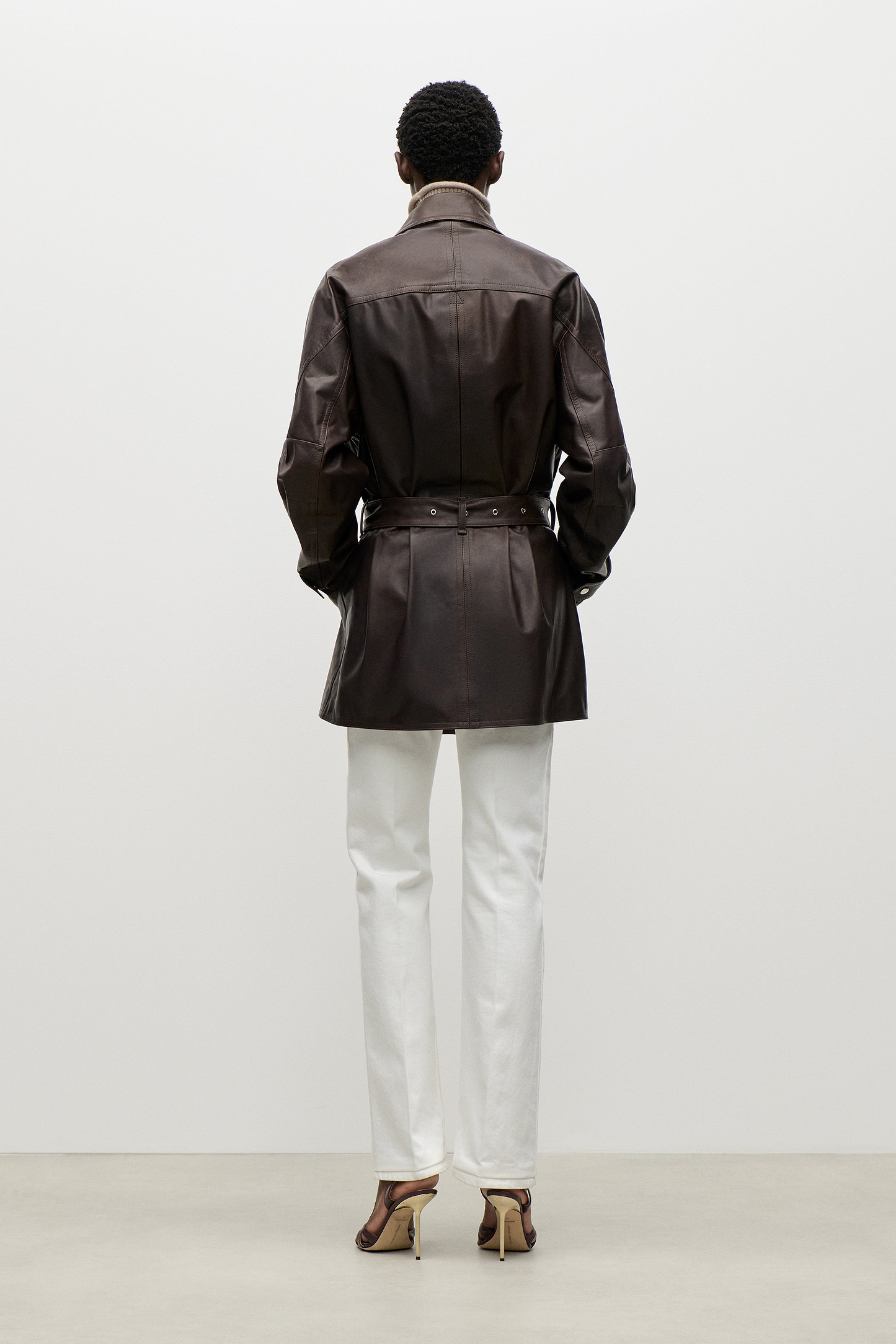 Belted Leather Jacket In Brown
