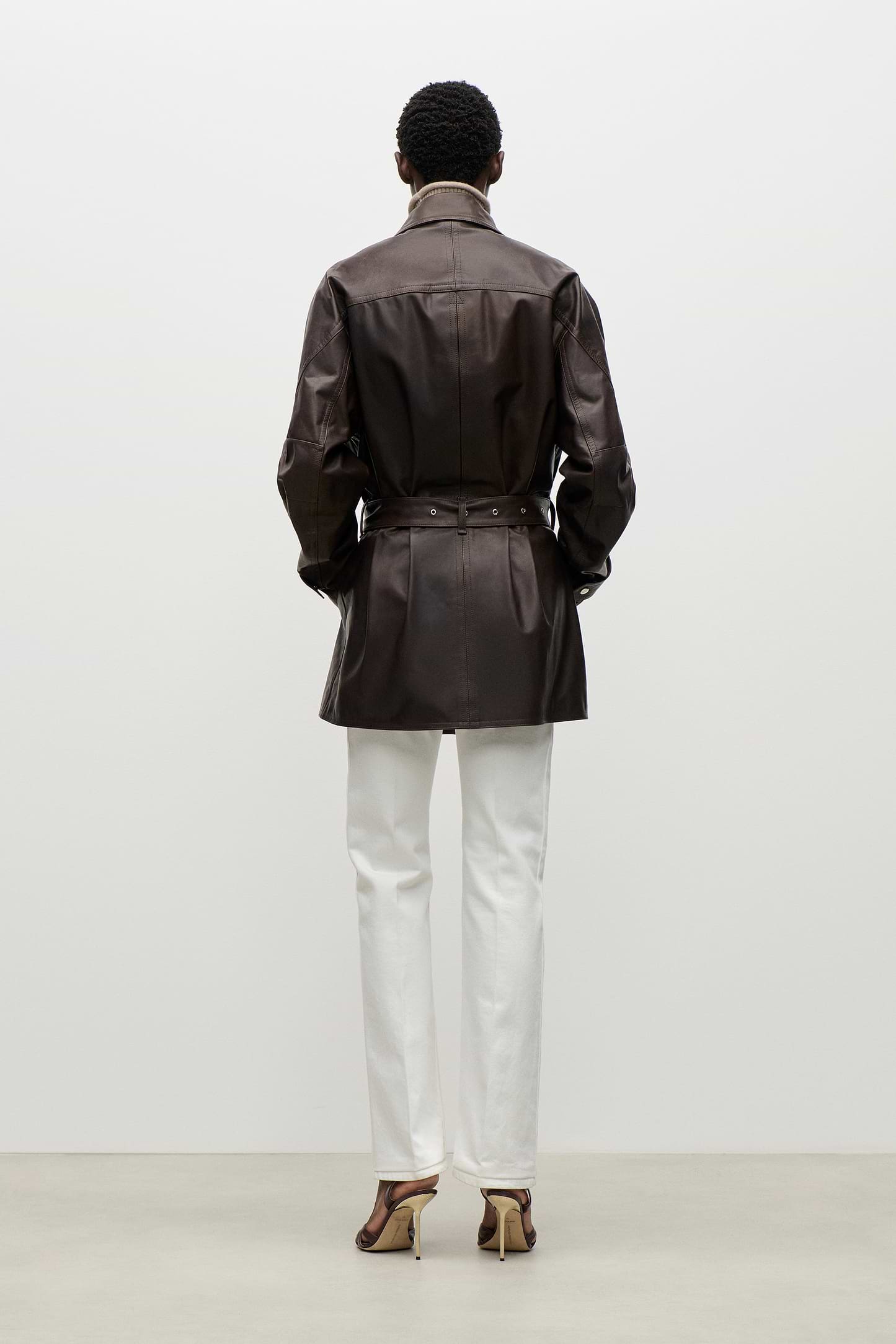 Belted Leather Jacket In Brown