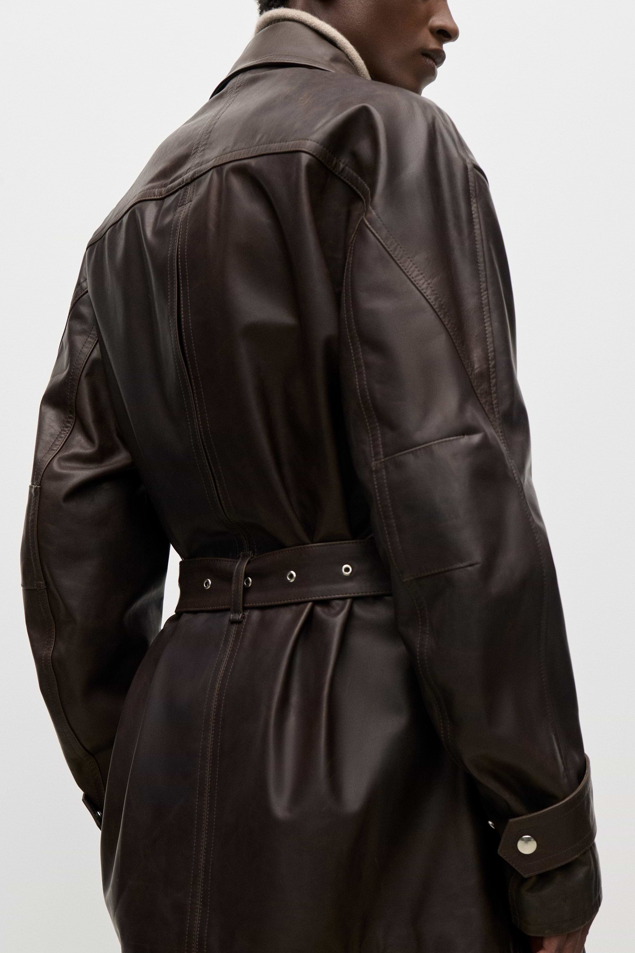 Belted Leather Jacket In Brown