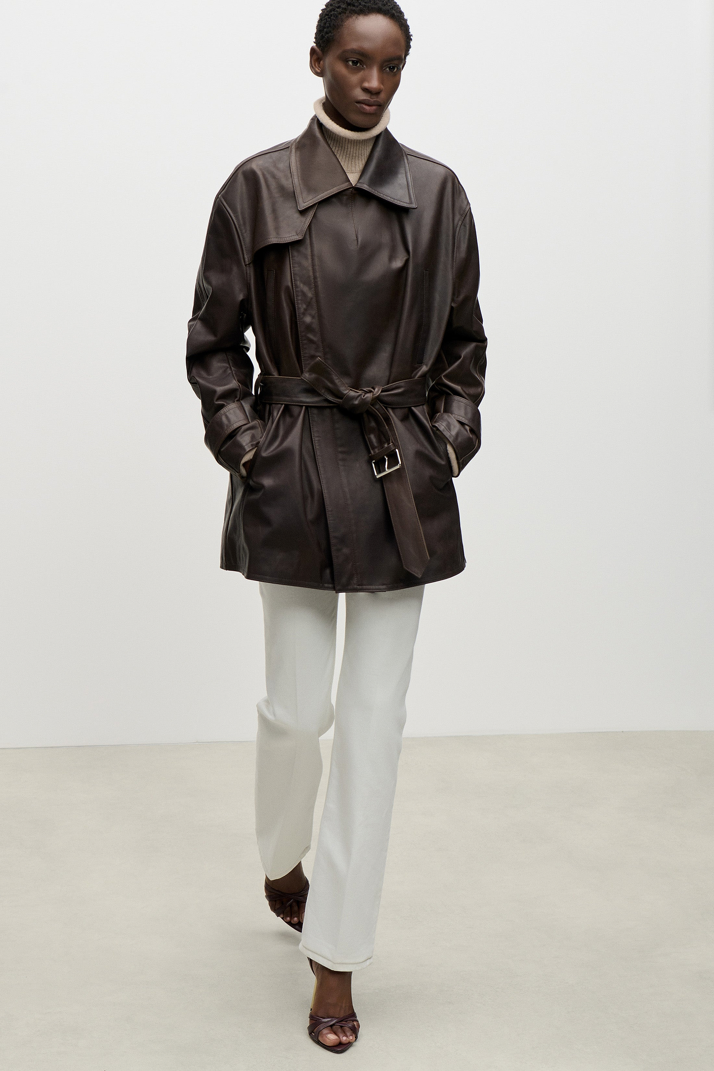 Belted Leather Jacket In Brown