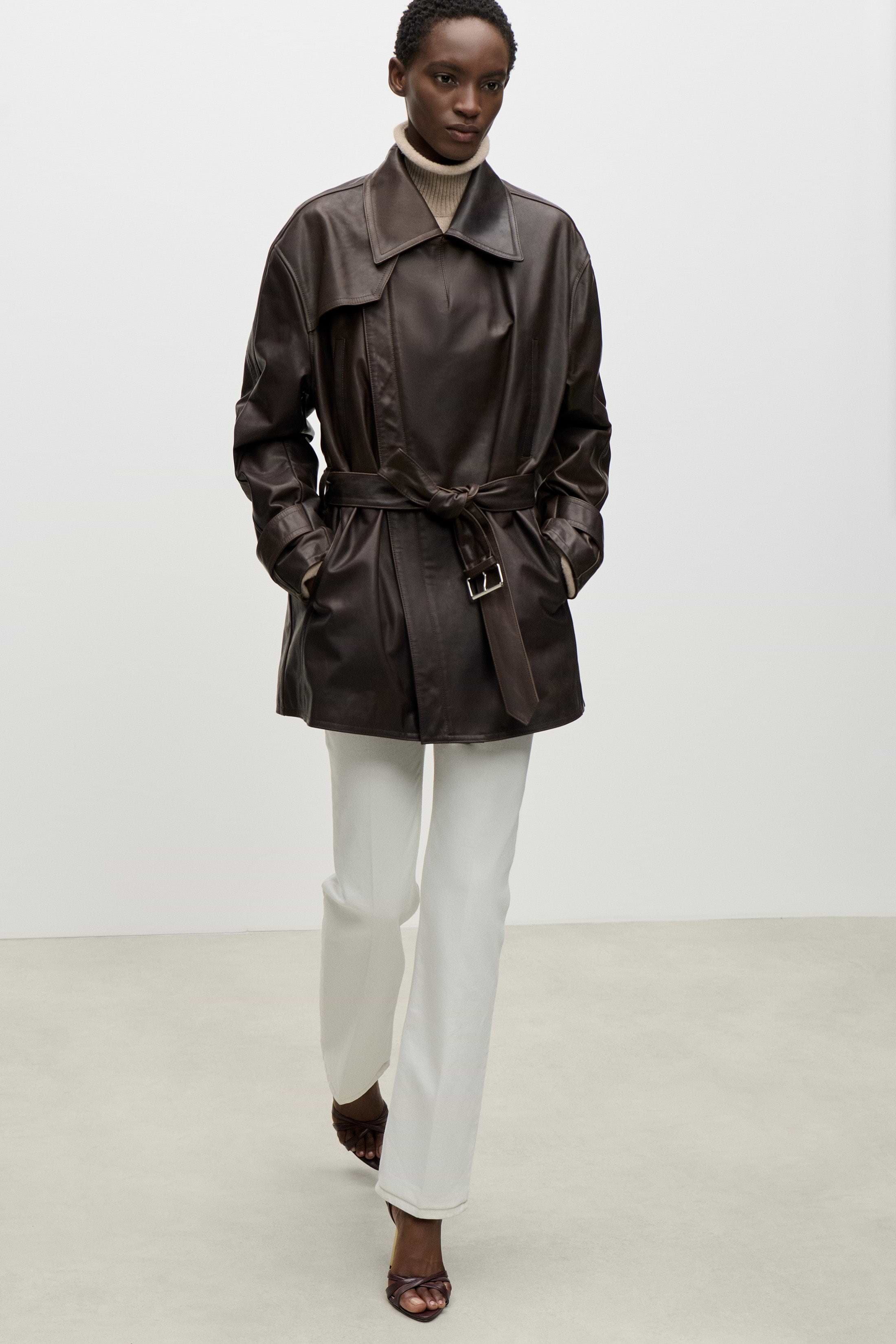 Belted Leather Jacket In Brown