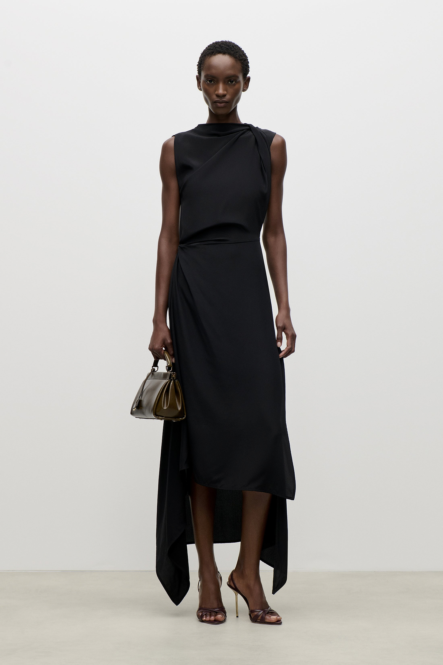 Sleeveless Draped Midi Dress In Black