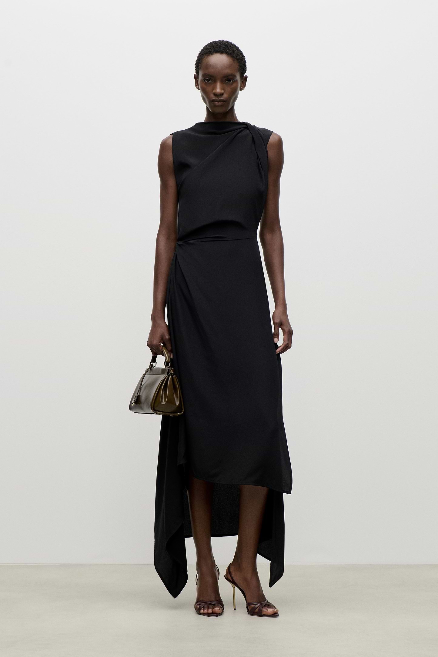 Sleeveless Draped Midi Dress In Black