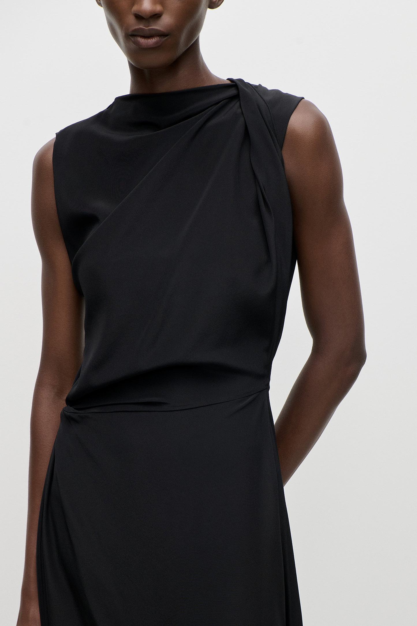 Sleeveless Draped Midi Dress In Black