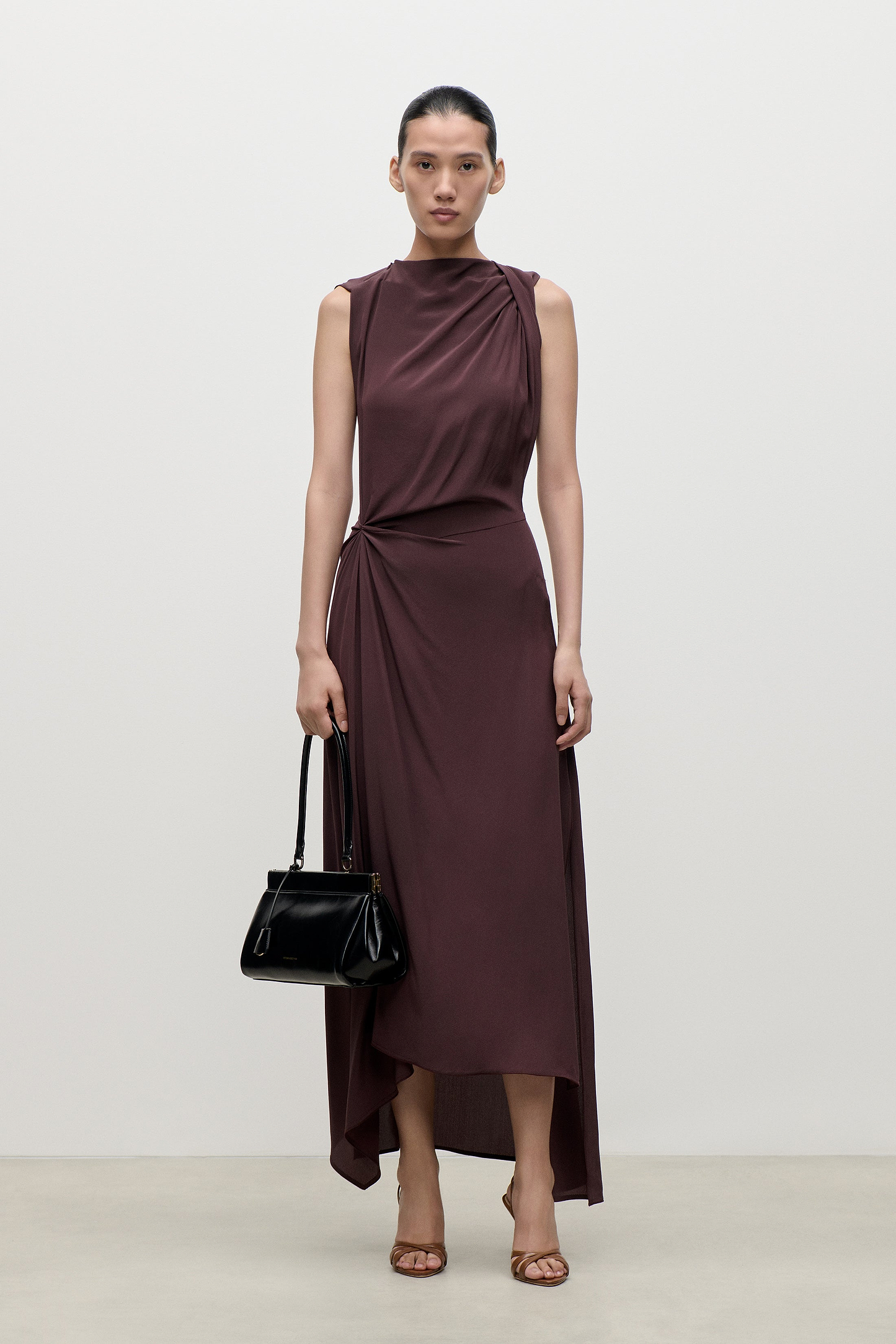 Sleeveless Draped Midi Dress In Dark Burgundy