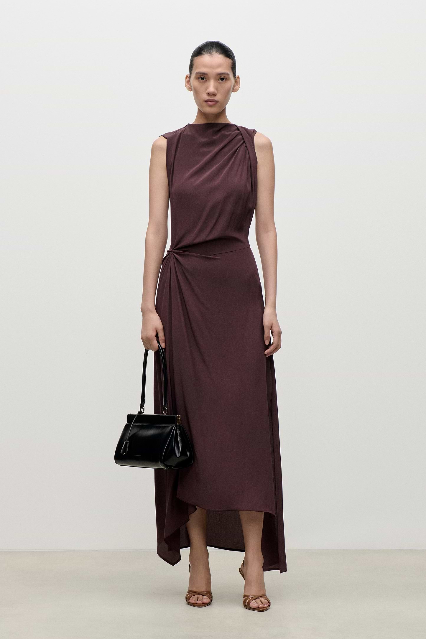 Sleeveless Draped Midi Dress In Dark Burgundy