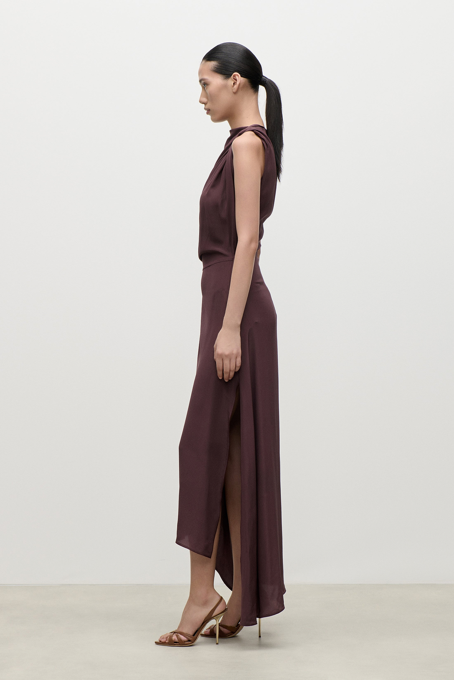 Sleeveless Draped Midi Dress In Dark Burgundy