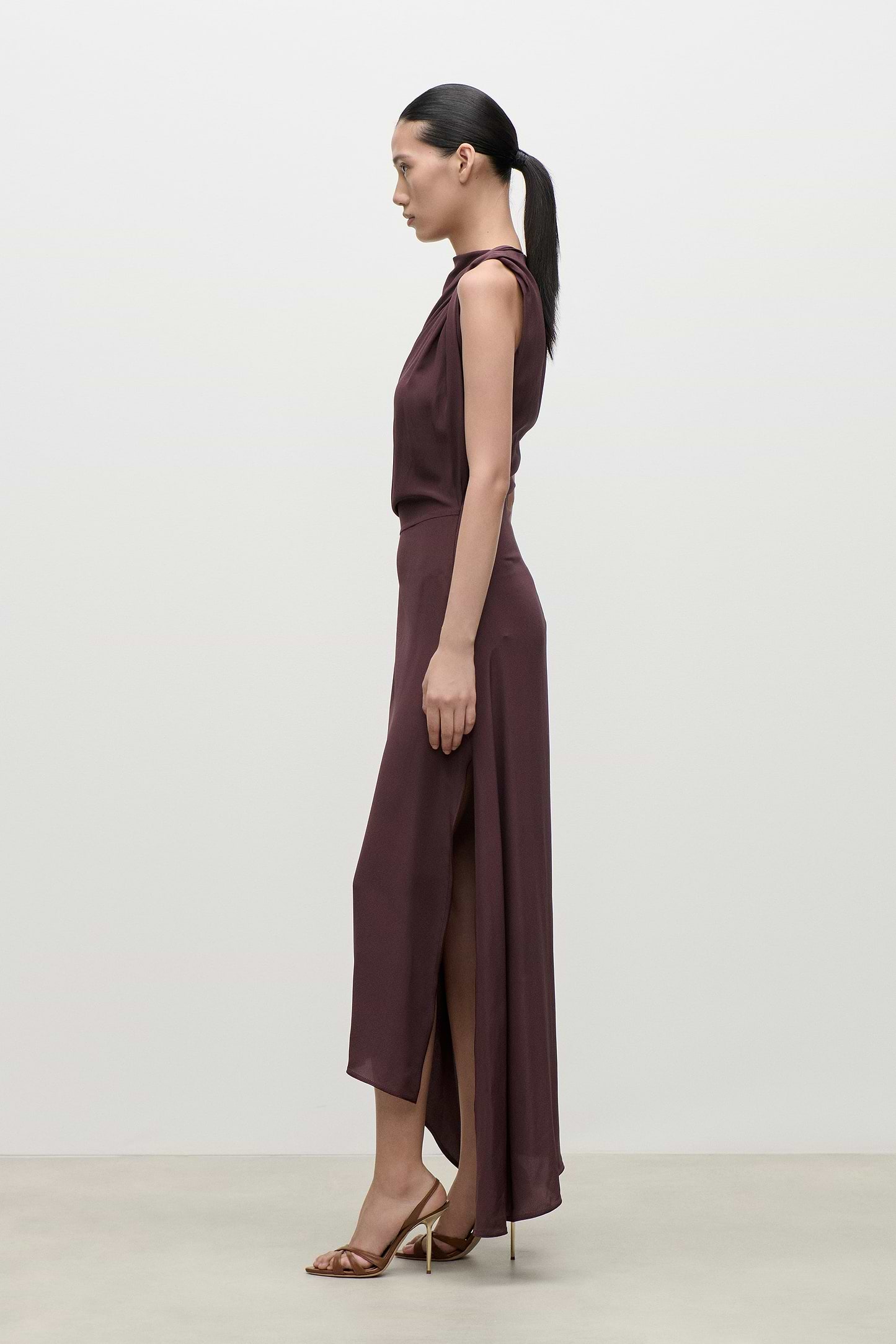 Sleeveless Draped Midi Dress In Dark Burgundy