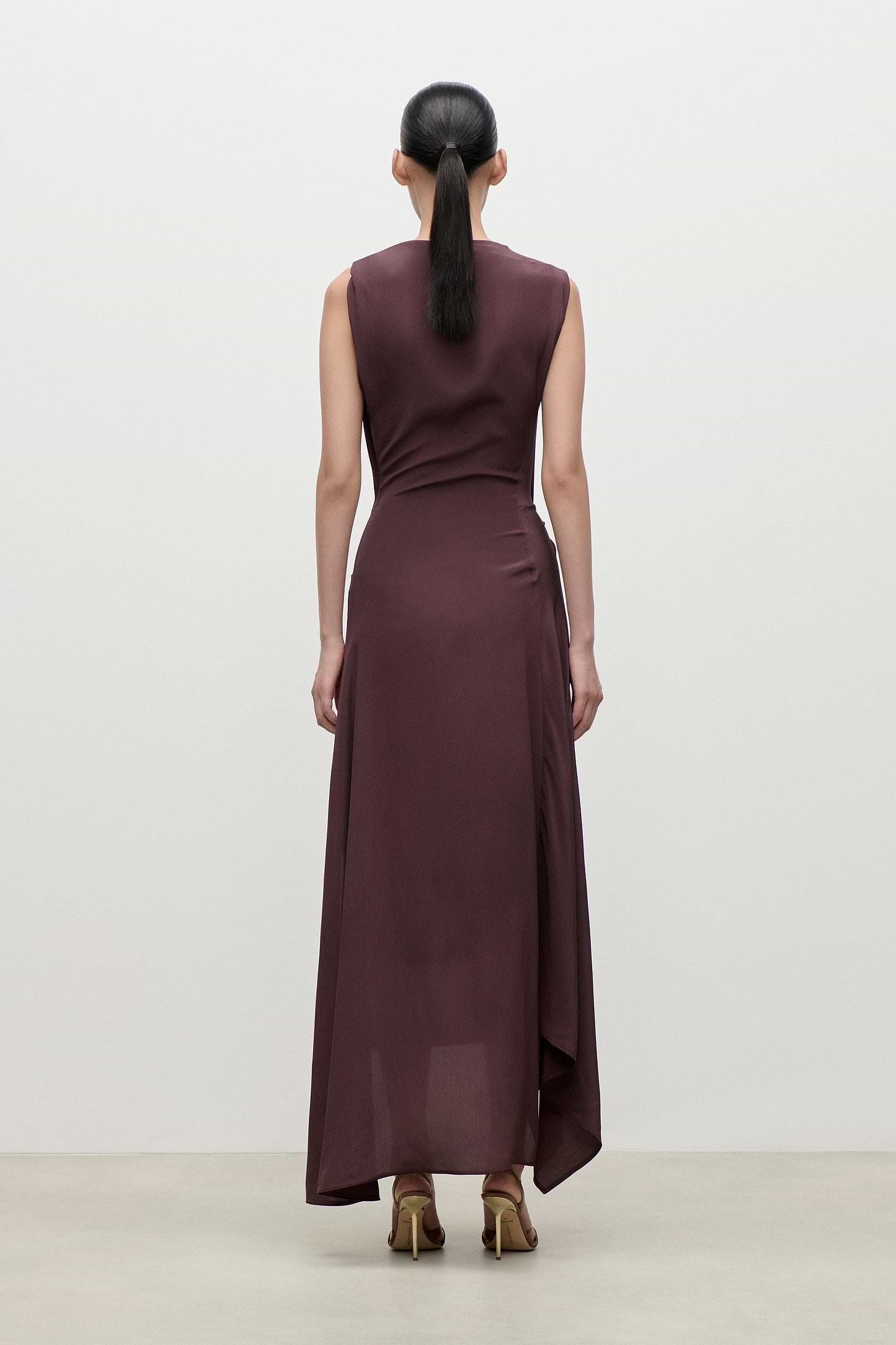 Sleeveless Draped Midi Dress In Dark Burgundy