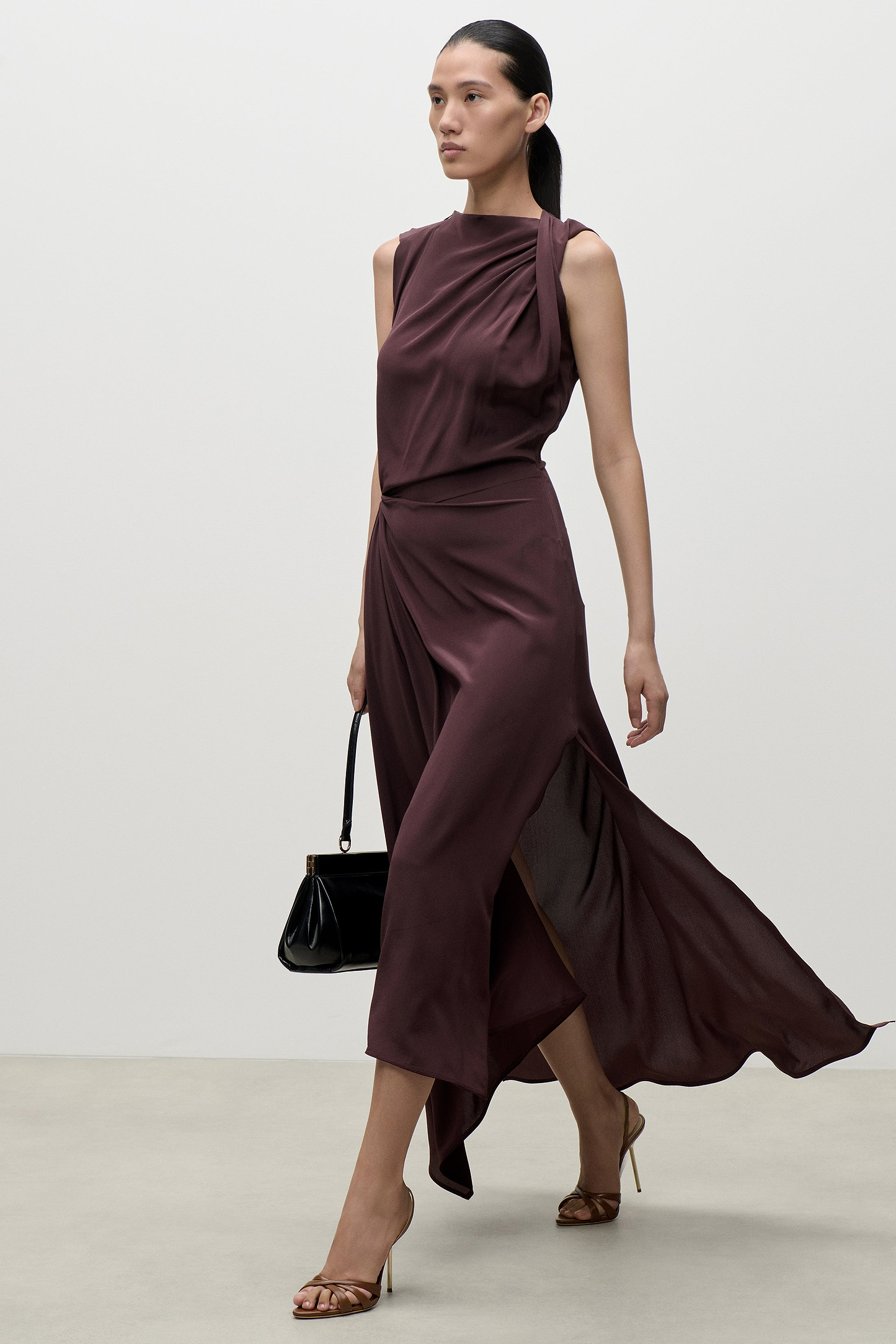 Sleeveless Draped Midi Dress In Dark Burgundy