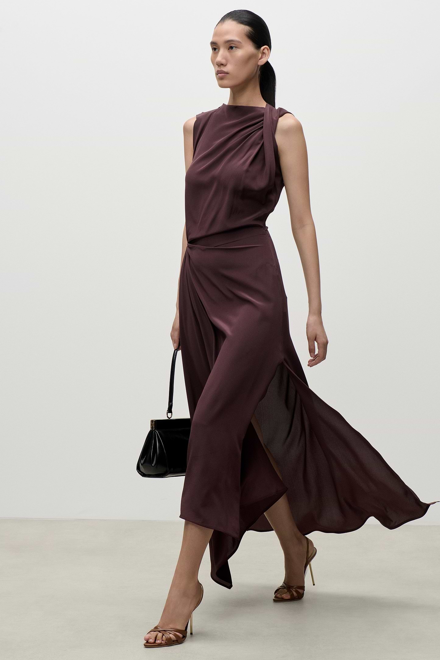 Sleeveless Draped Midi Dress In Dark Burgundy