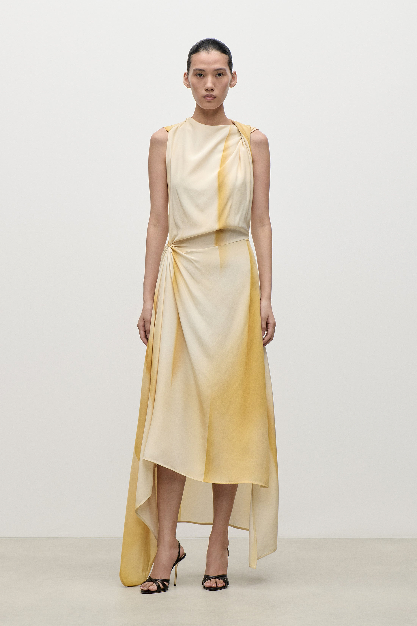 Sleeveless Draped Midi Dress In Yellow