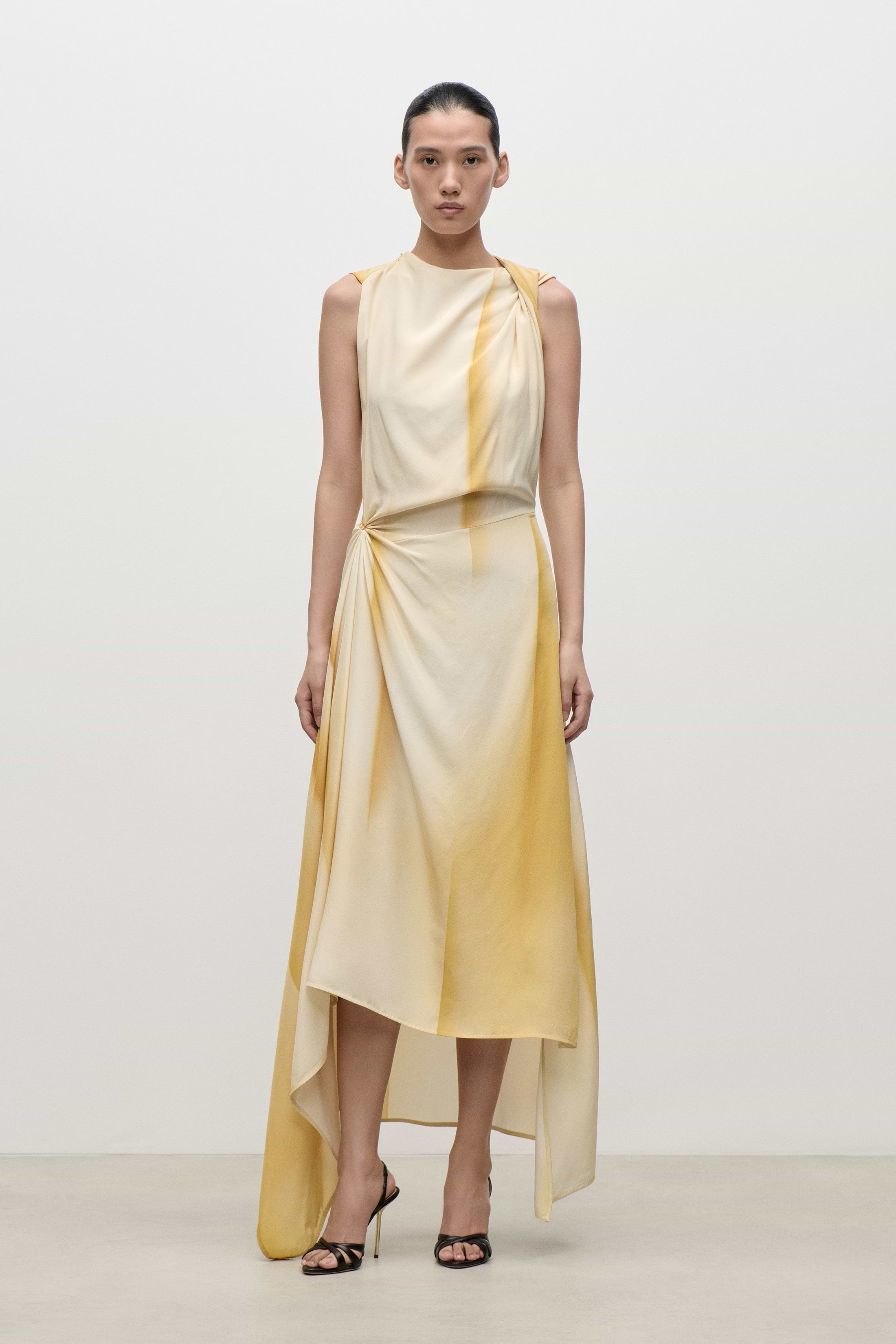 Sleeveless Draped Midi Dress In Yellow