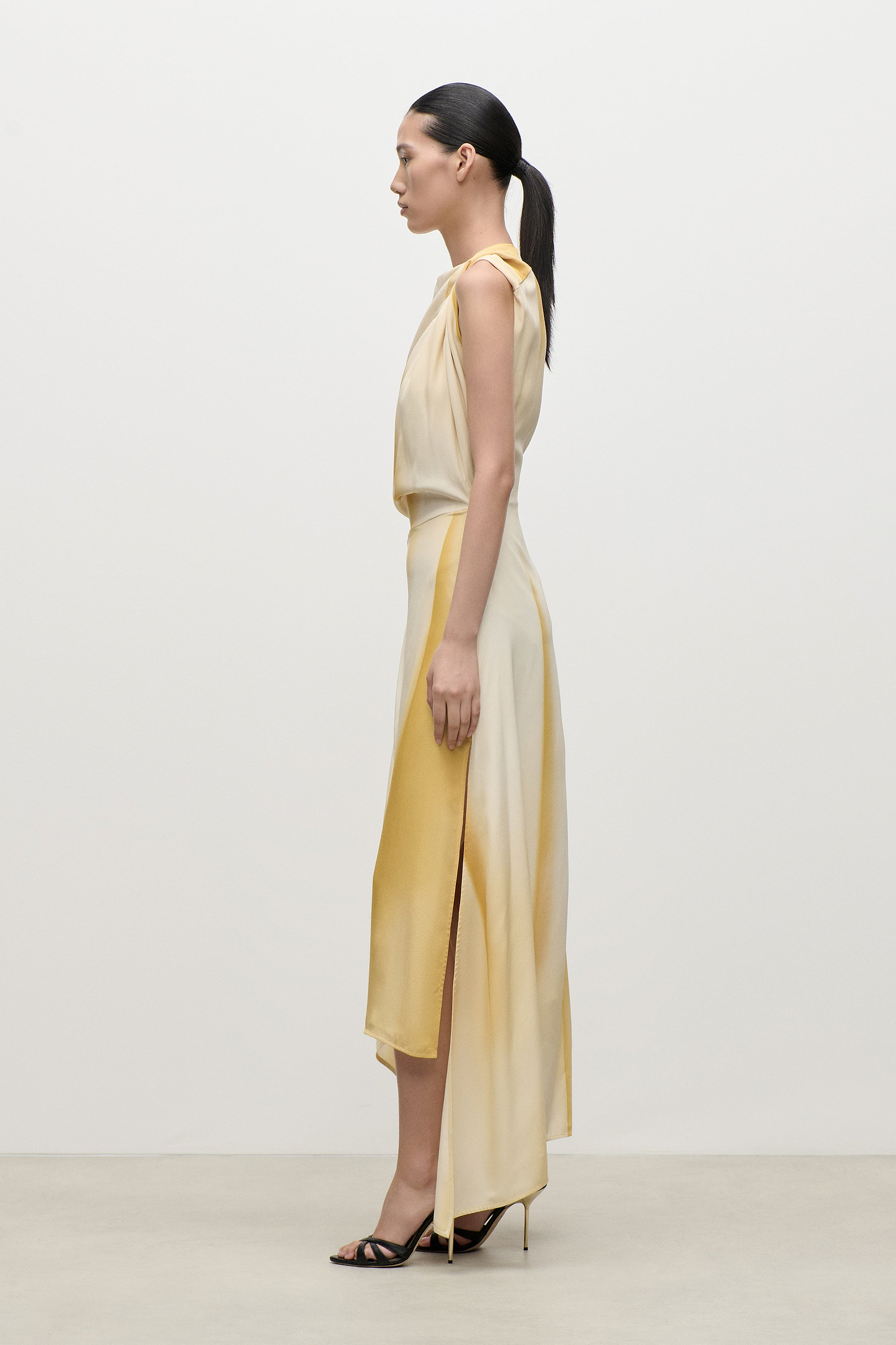 Sleeveless Draped Midi Dress In Yellow