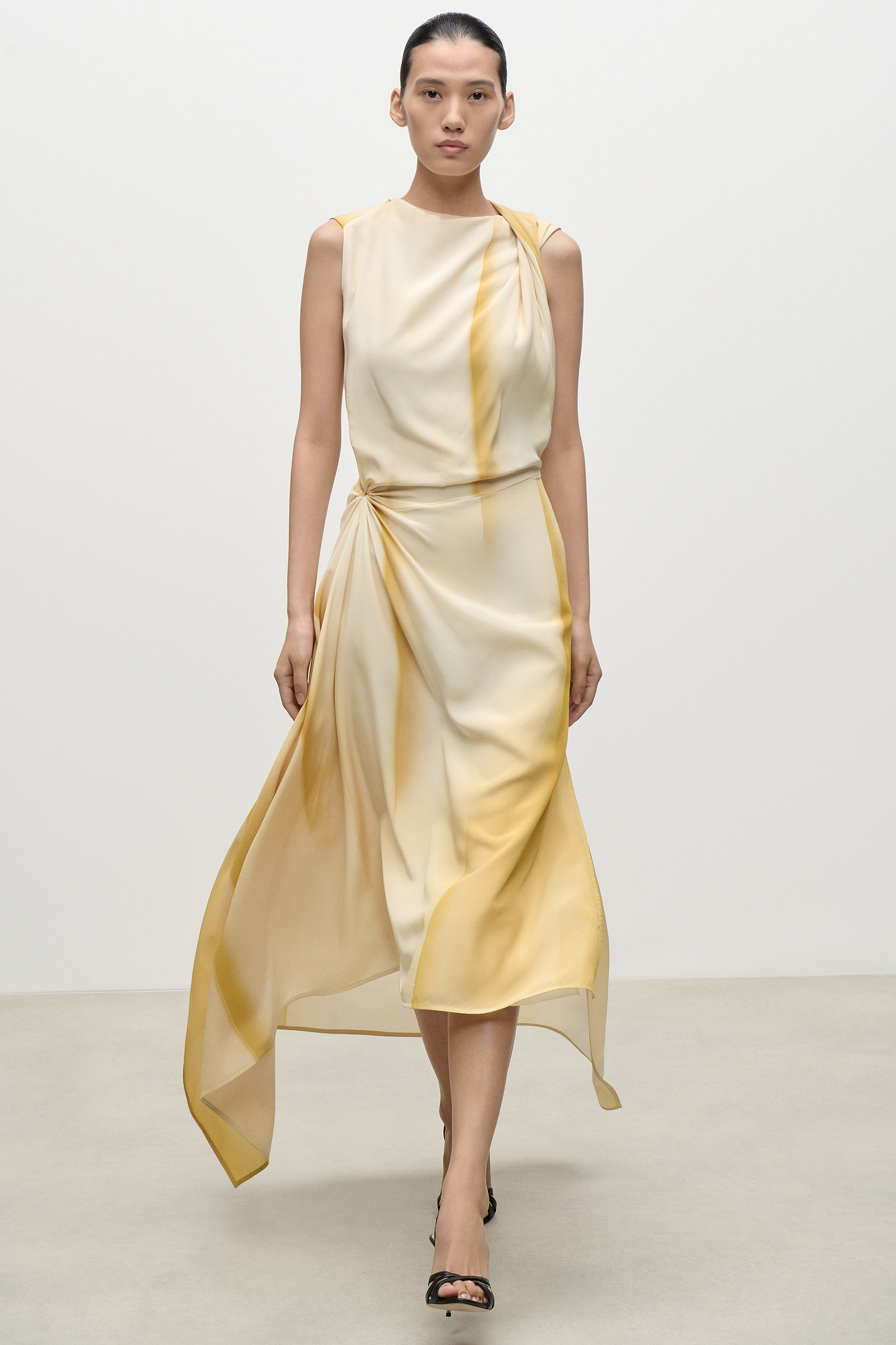 Sleeveless Draped Midi Dress In Yellow