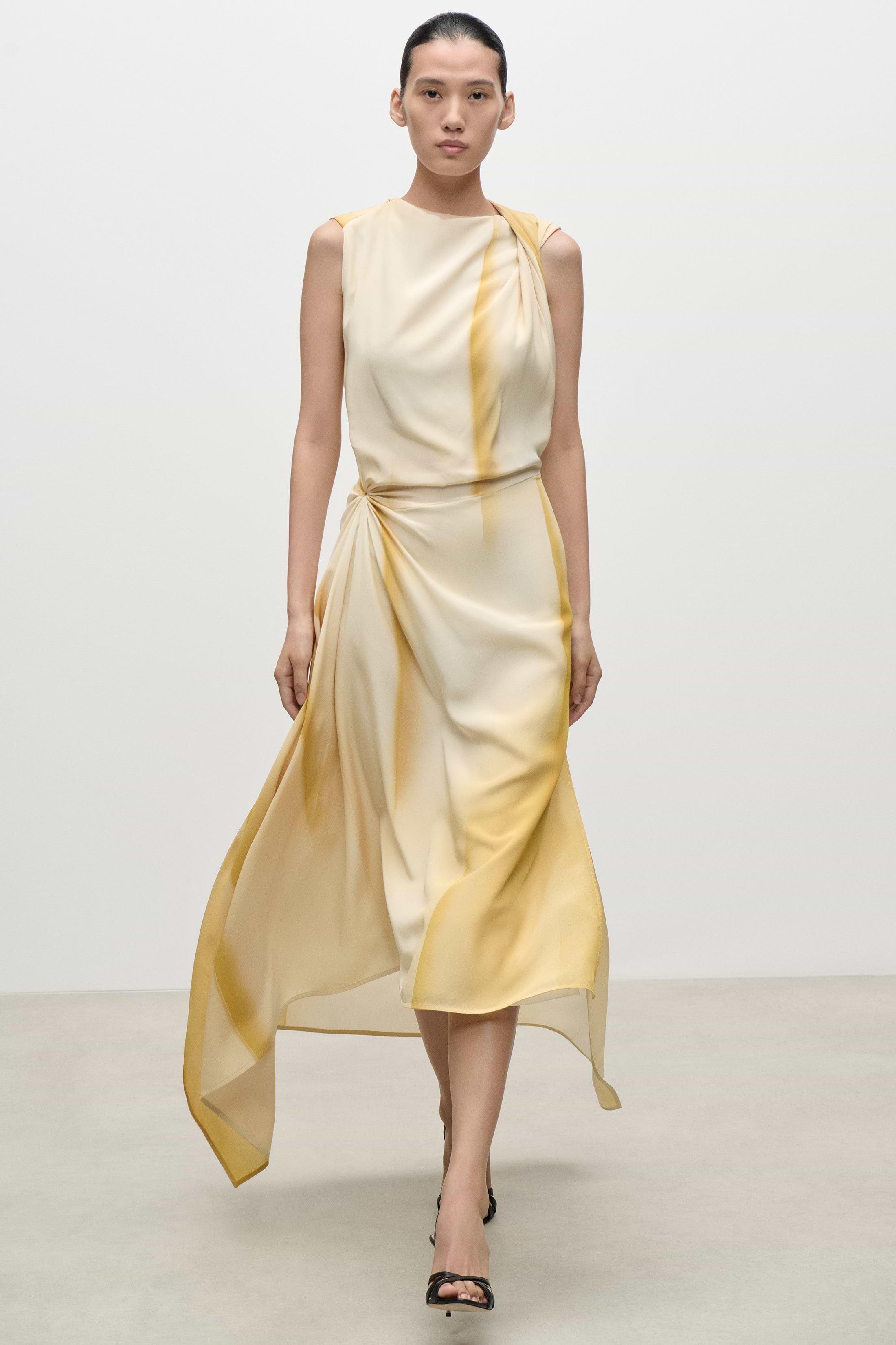 Sleeveless Draped Midi Dress In Yellow