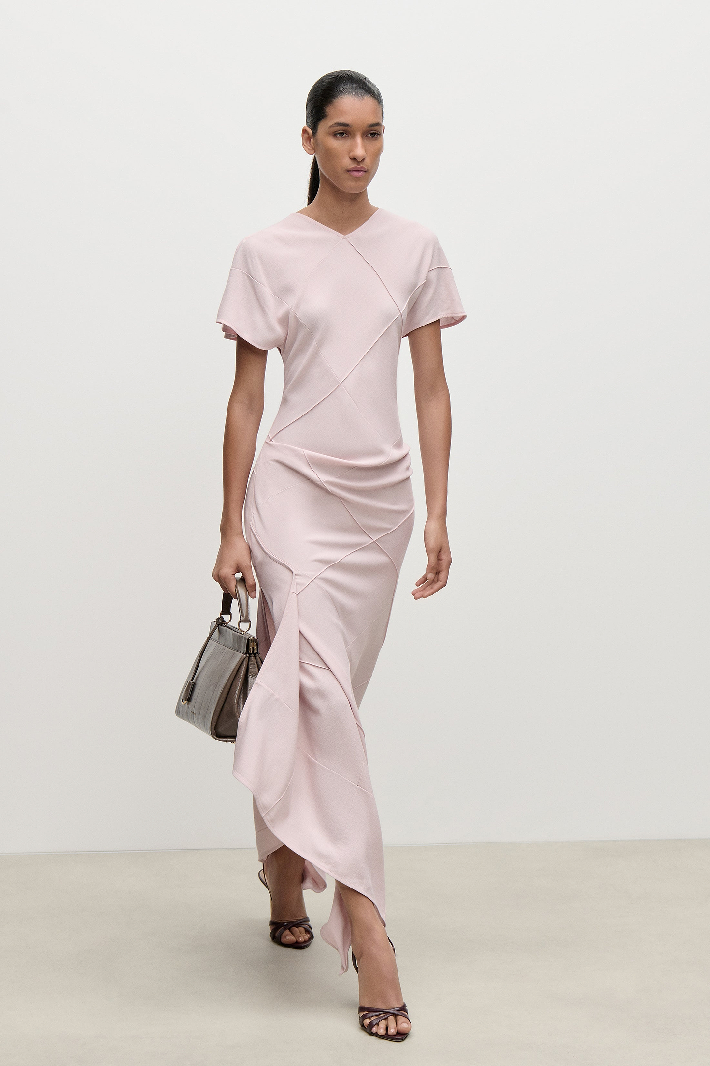 Crease Detail Midi Dress In Light Pink