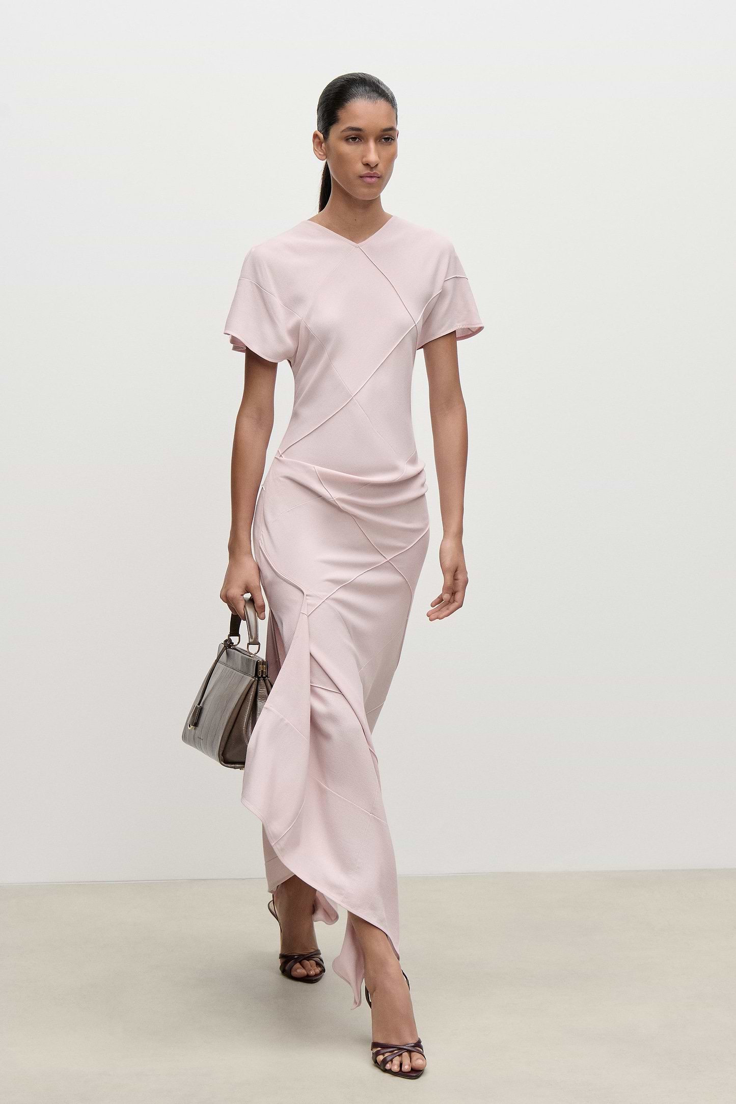 Crease Detail Midi Dress In Light Pink
