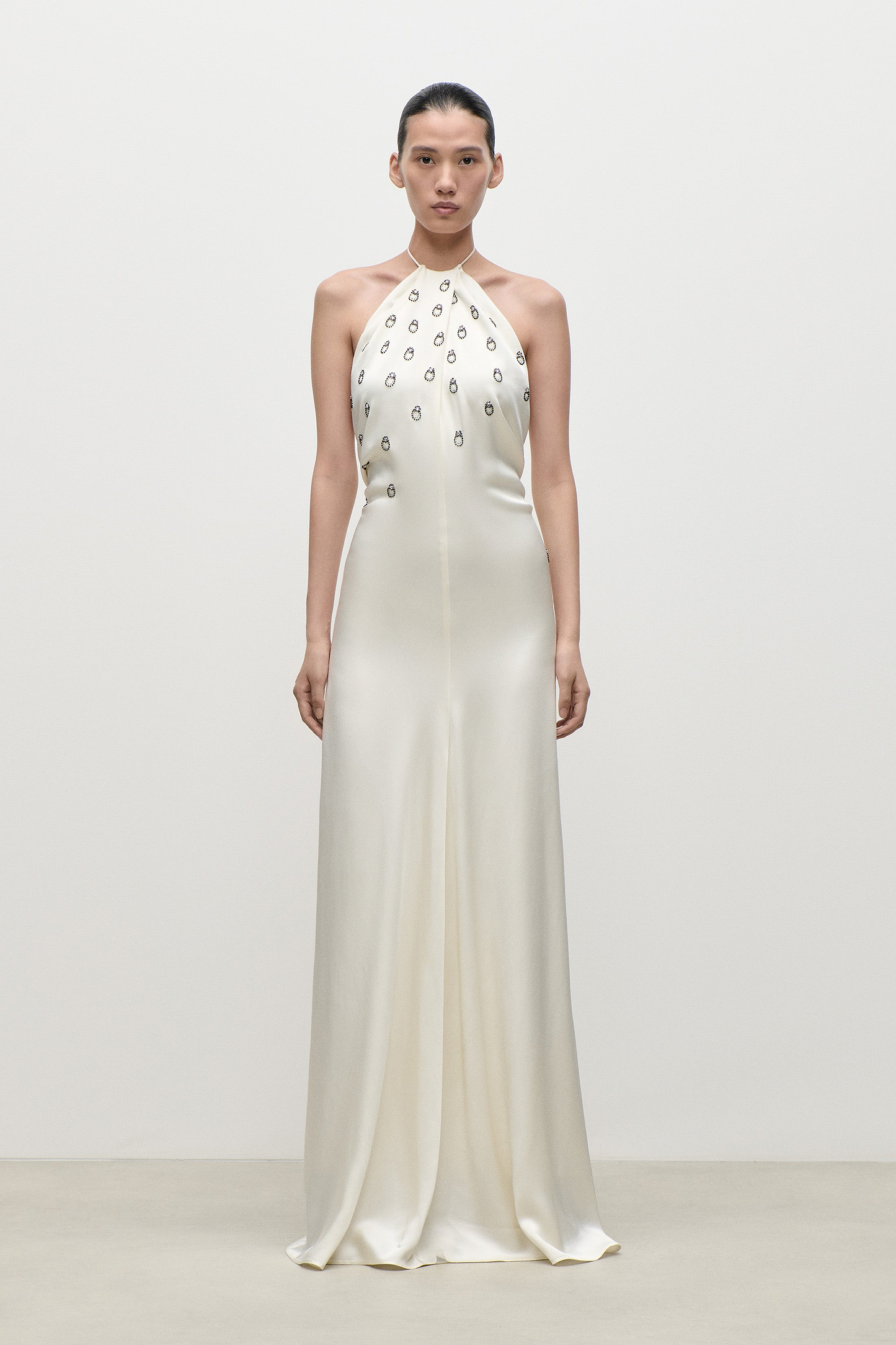 Embroidered Halterneck Gown In Ivory