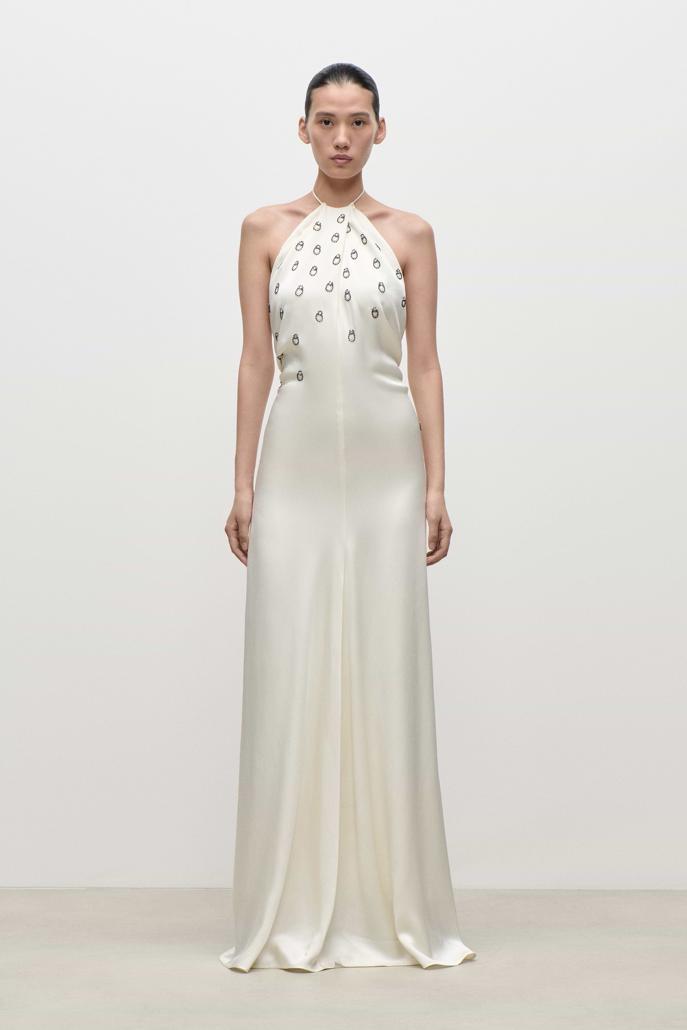 Embroidered Halterneck Gown In Ivory