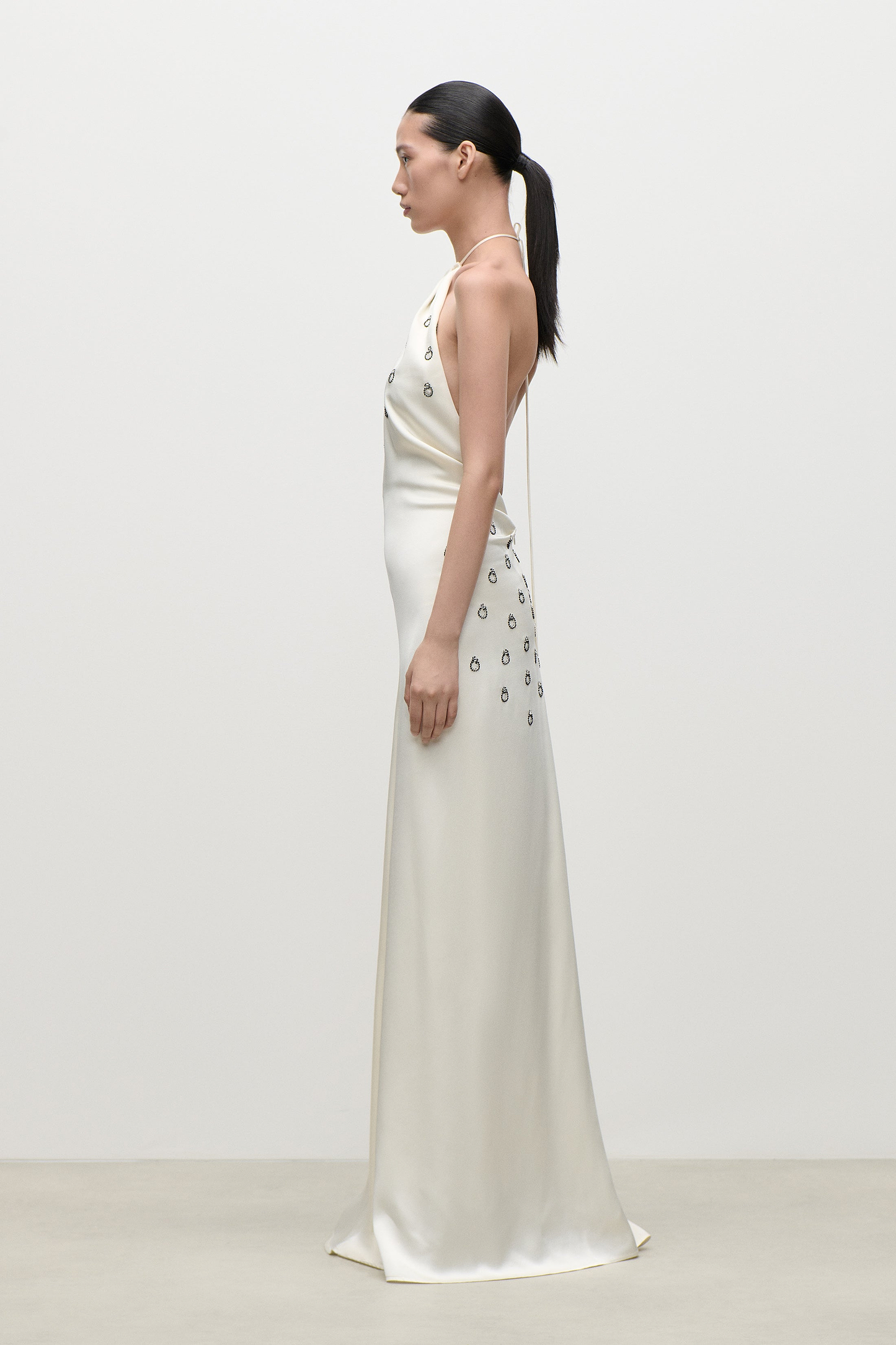 Embroidered Halterneck Gown In Ivory