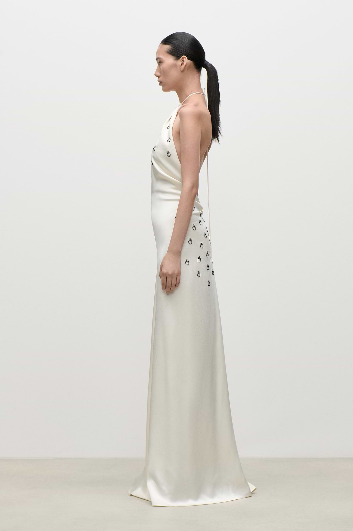 Embroidered Halterneck Gown In Ivory