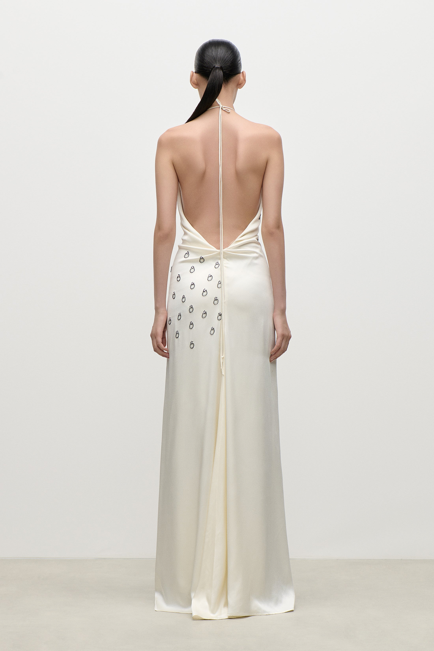 Embroidered Halterneck Gown In Ivory