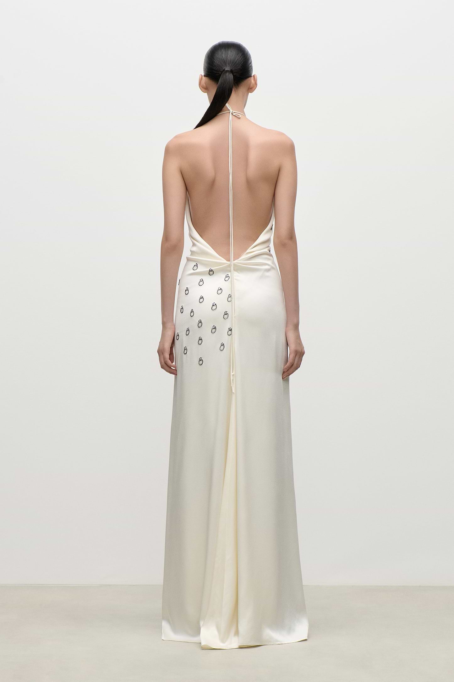 Embroidered Halterneck Gown In Ivory
