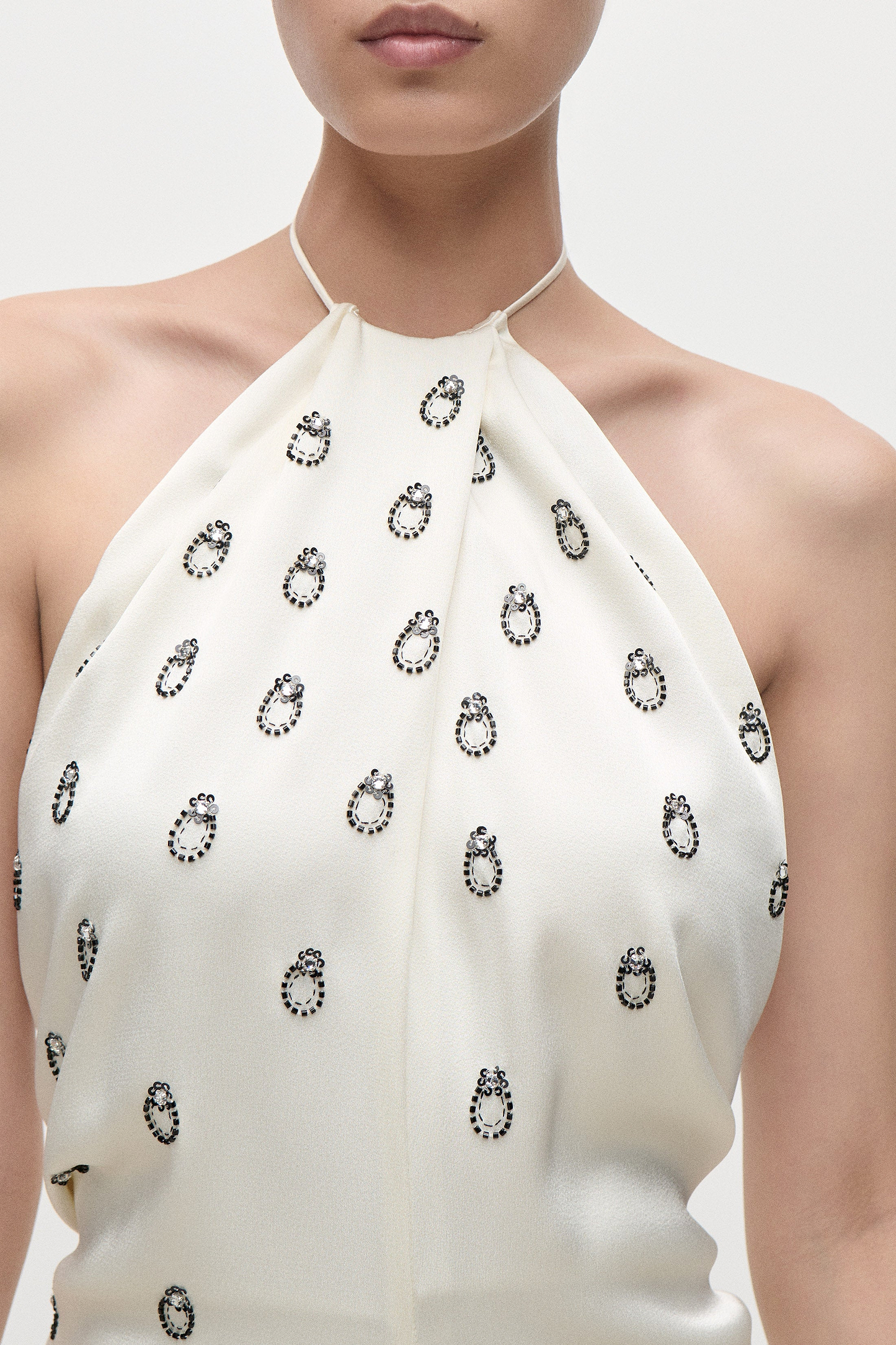 Embroidered Halterneck Gown In Ivory