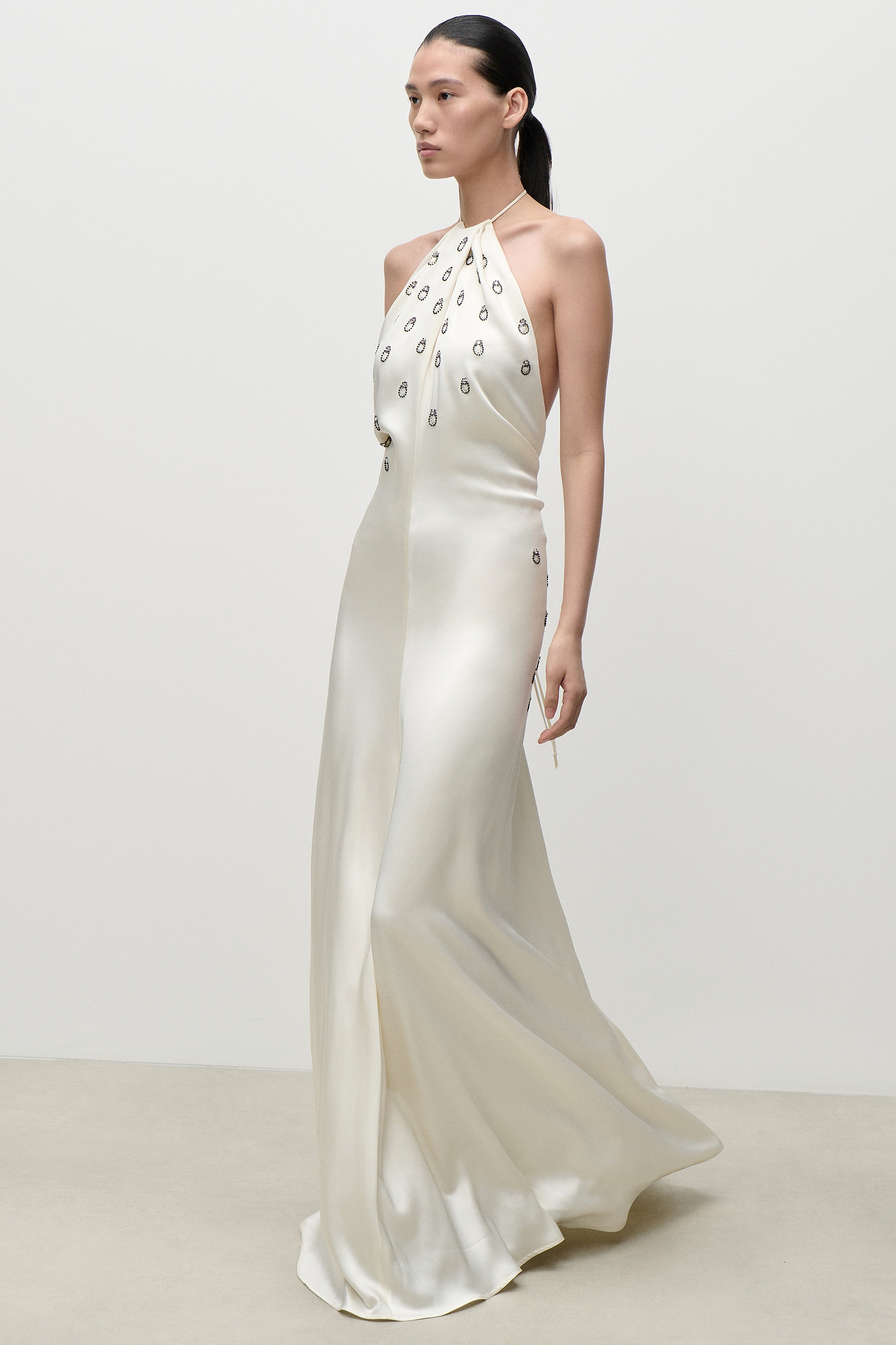 Embroidered Halterneck Gown In Ivory