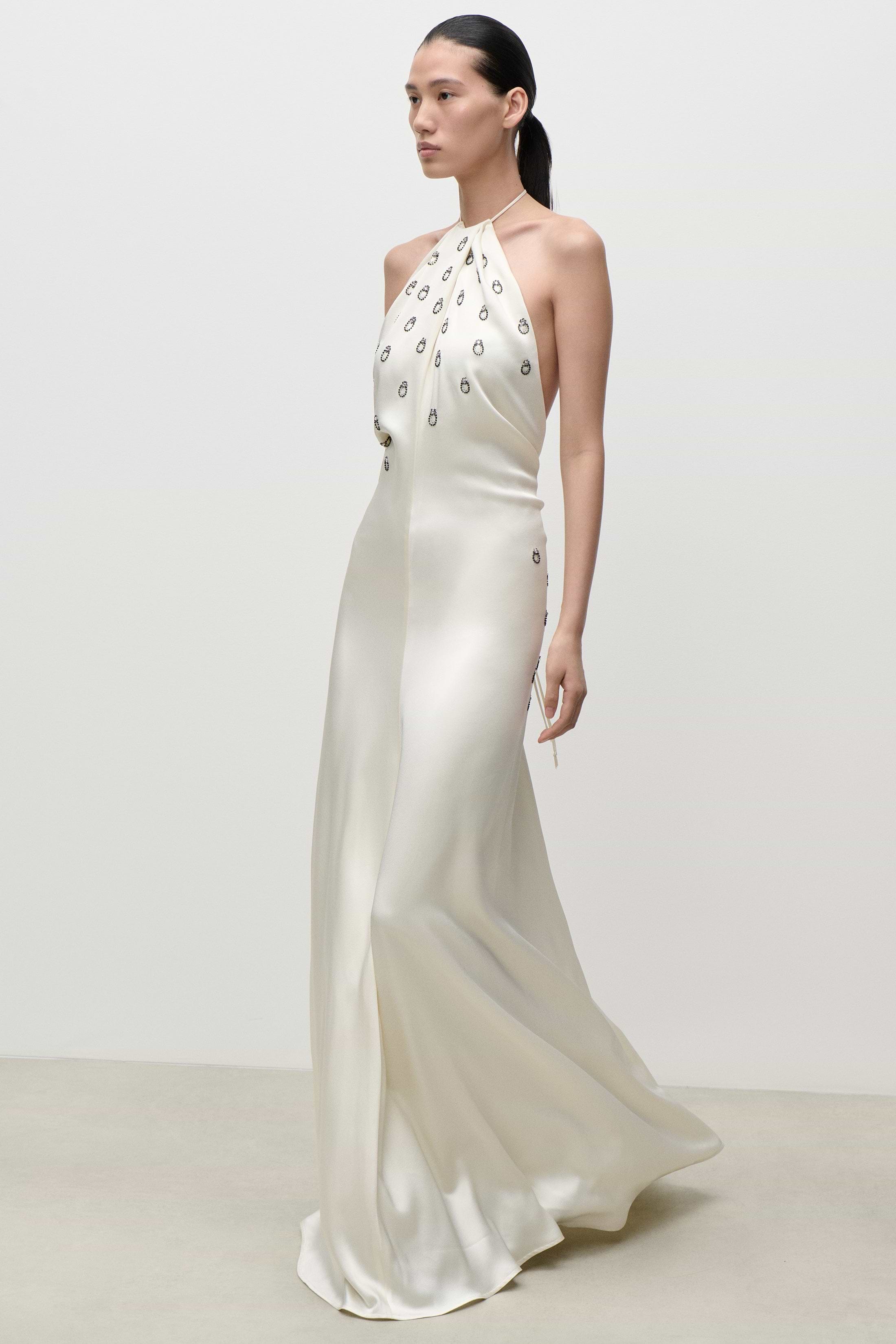 Embroidered Halterneck Gown In Ivory