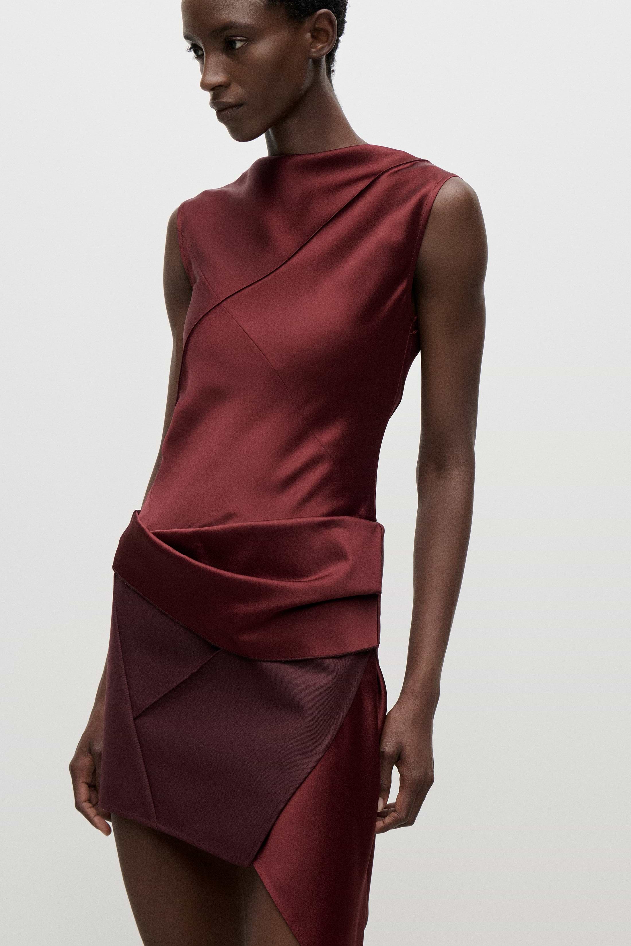 Folded Crease Mini Dress In Burgundy