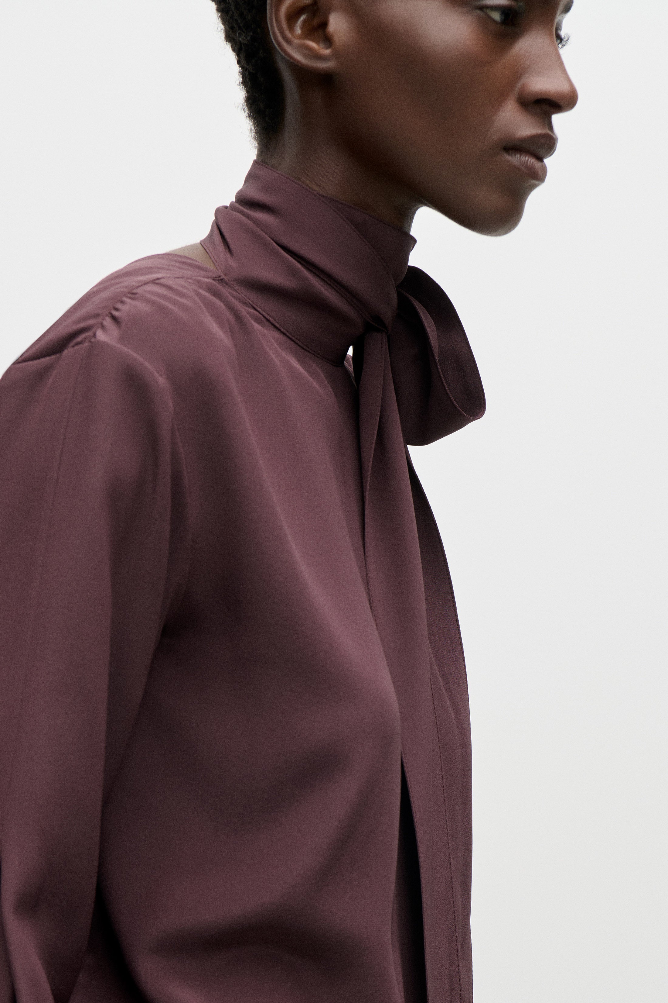 Scarf Cut-Out Blouse In Dark Burgundy