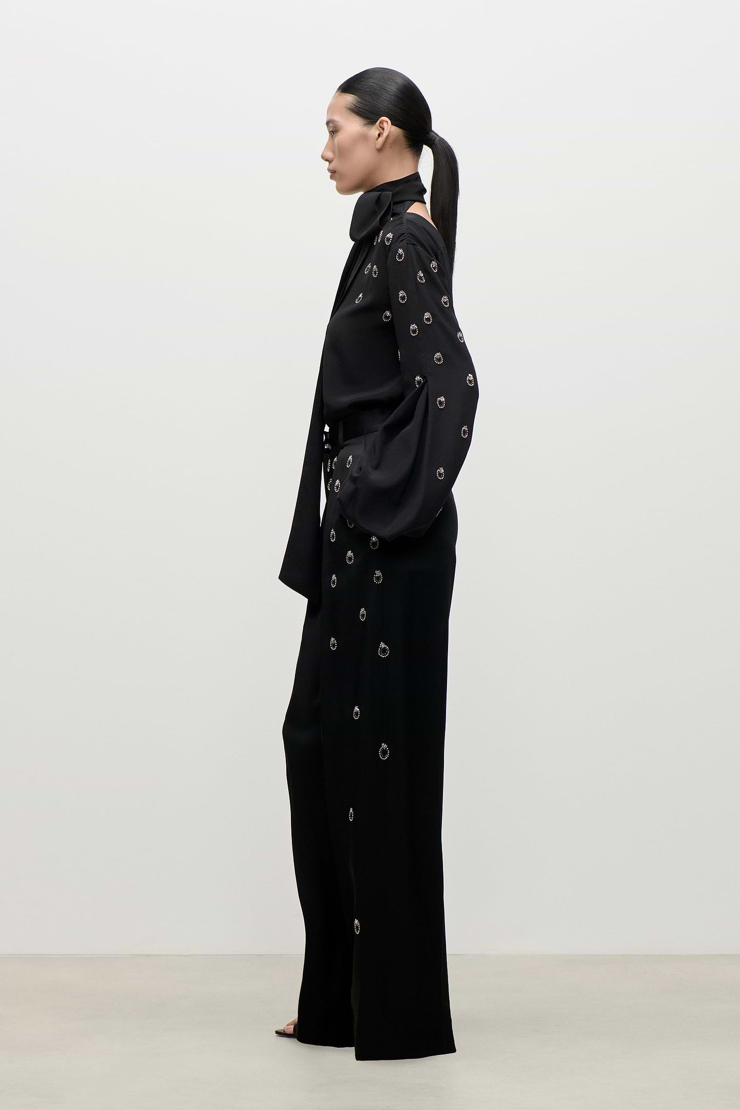 Embroidered Scarf Cut-Out Blouse In Black