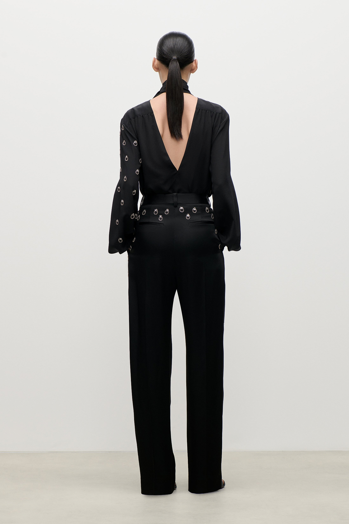 Embroidered Scarf Cut-Out Blouse In Black