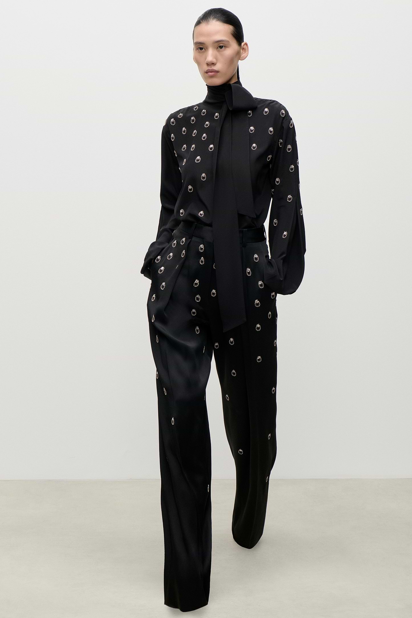 Embroidered Scarf Cut-Out Blouse In Black