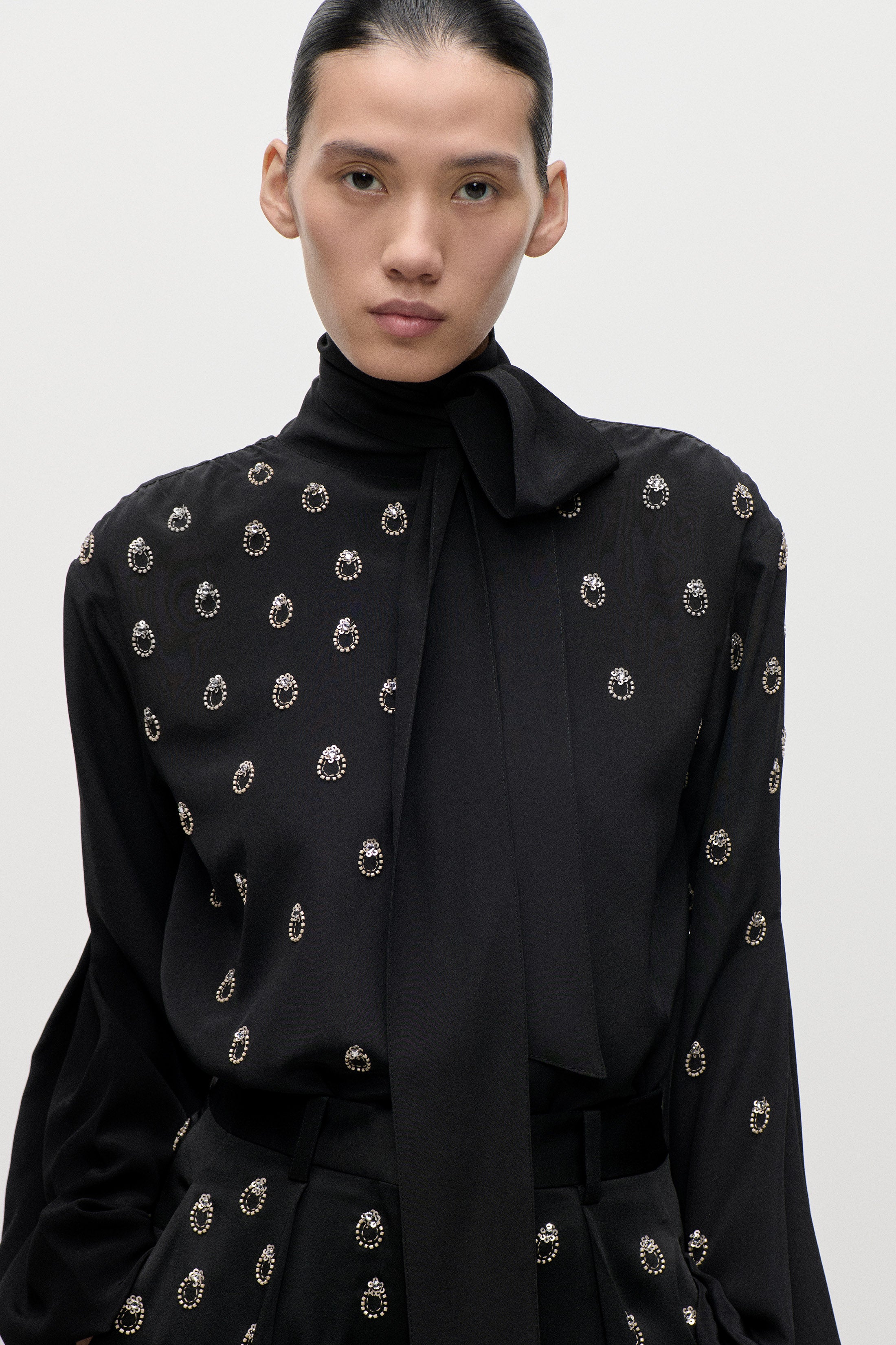 Embroidered Scarf Cut-Out Blouse In Black