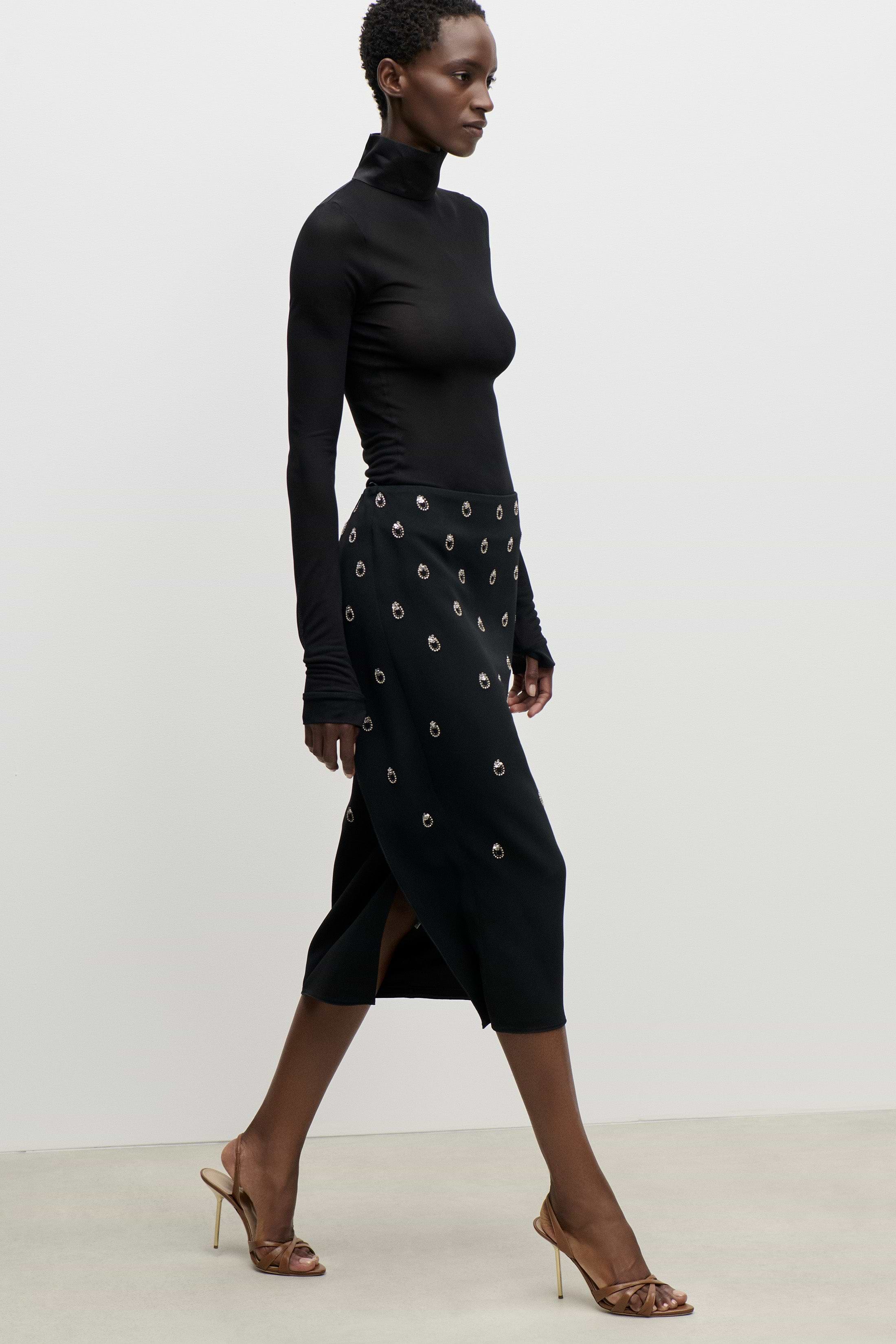 Embroidered Overlap Skirt In Black