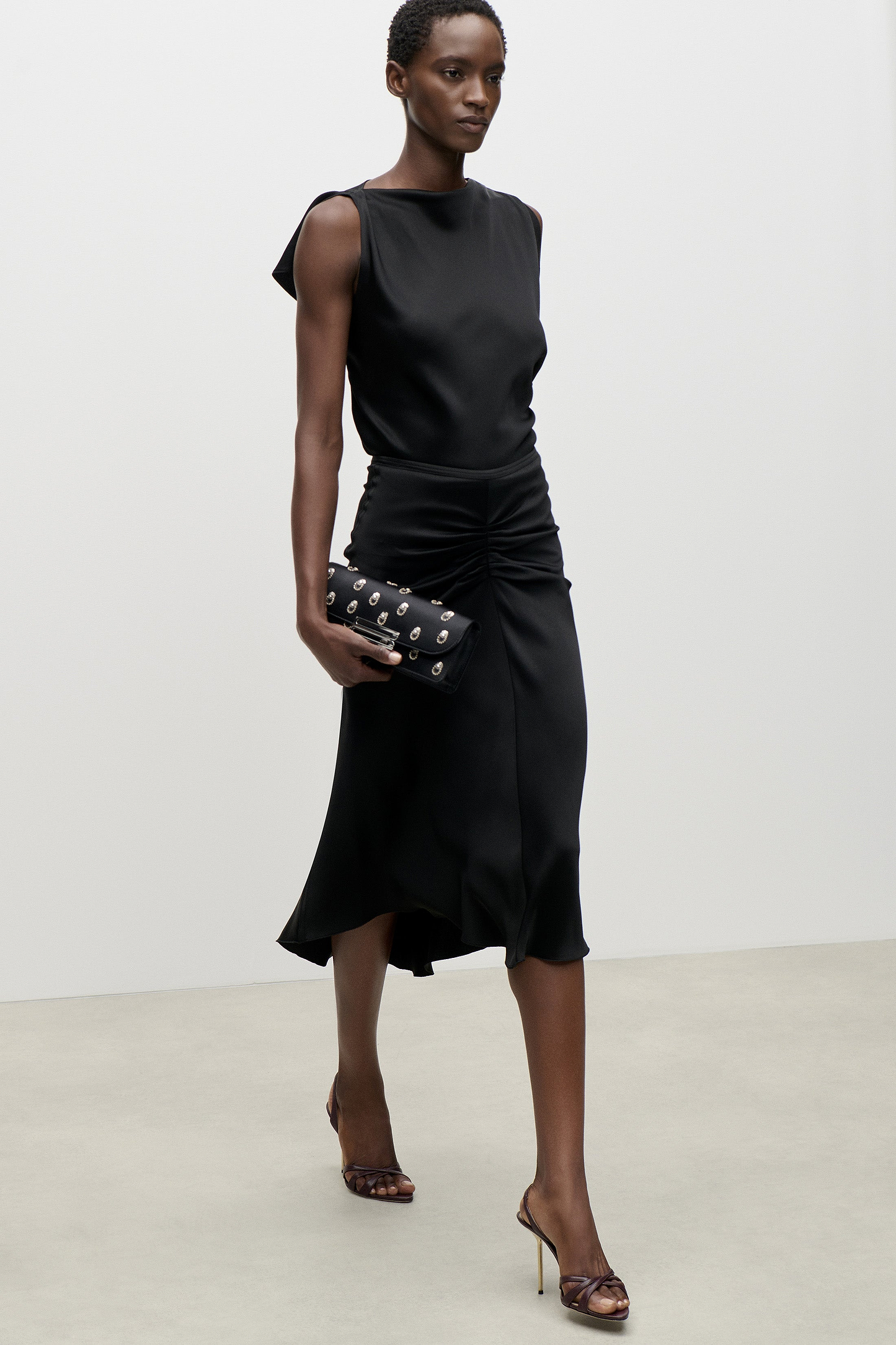 Dorian East-West Clutch Black Embroidered Satin