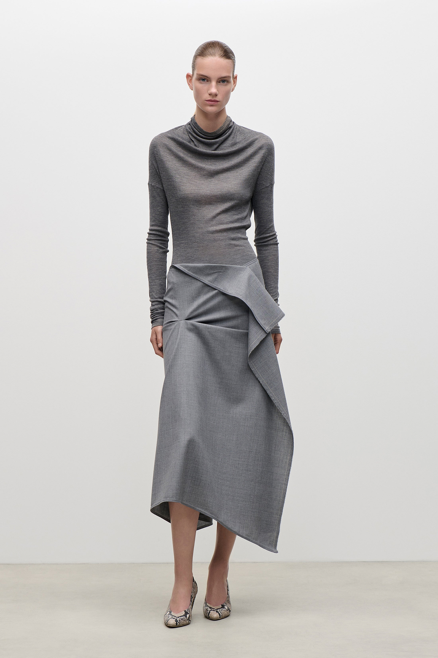 Draped Tailored Skirt In Light Grey Melange