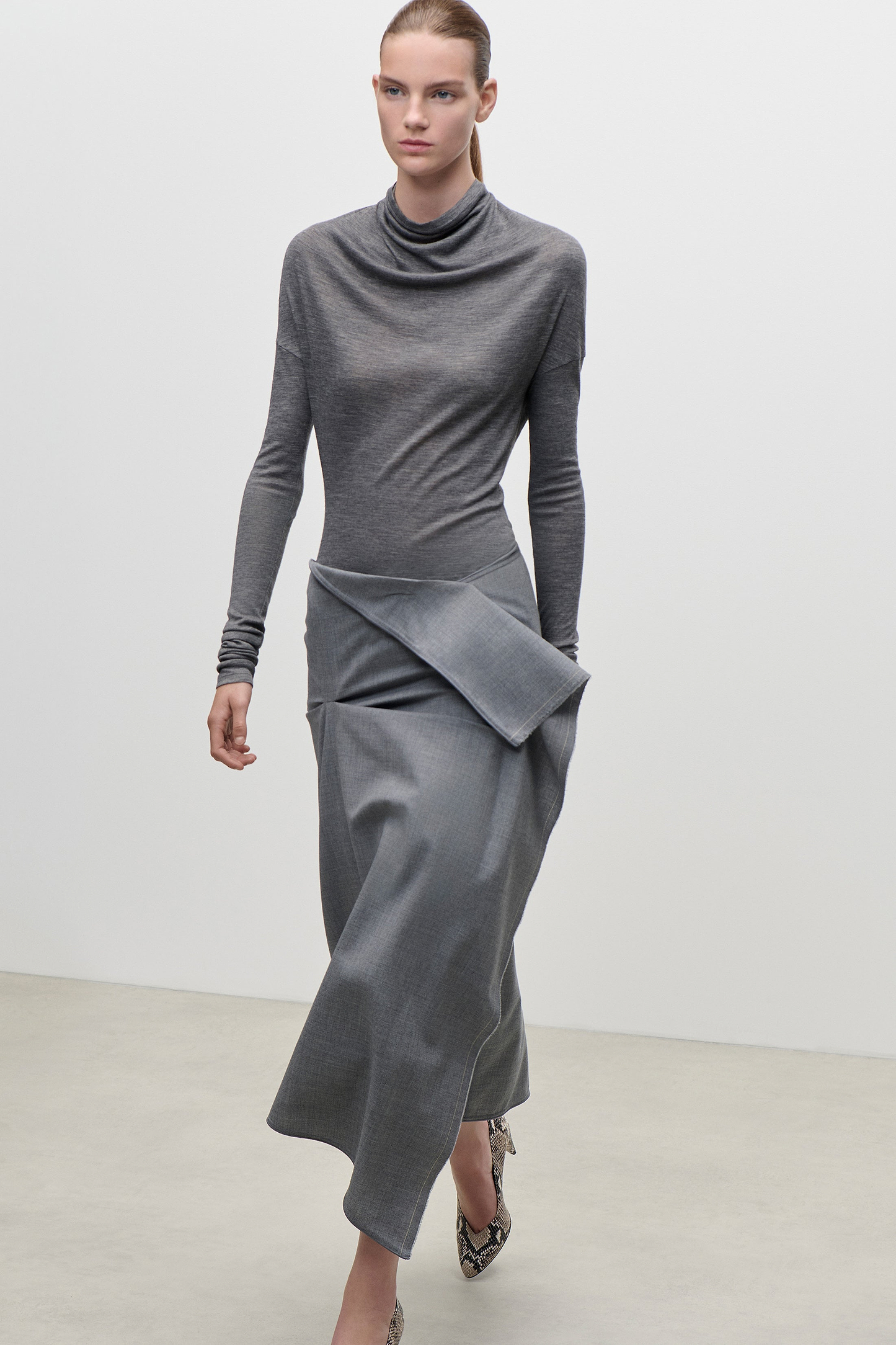 Draped Tailored Skirt In Light Grey Melange