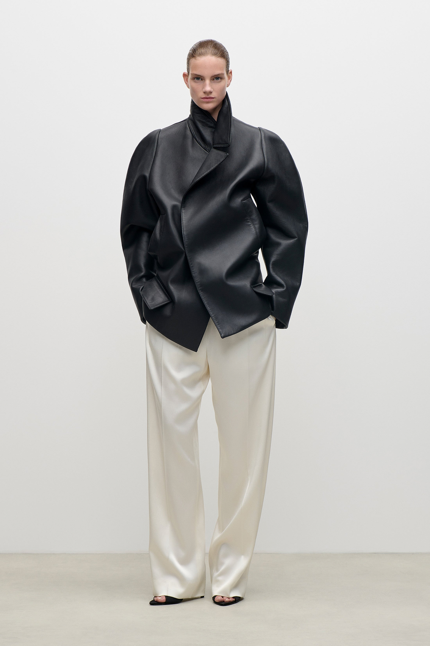 Leather Pea Coat In Black
