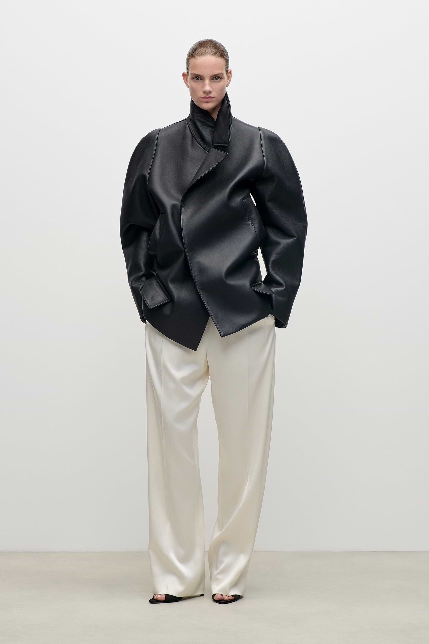 Leather Pea Coat In Black